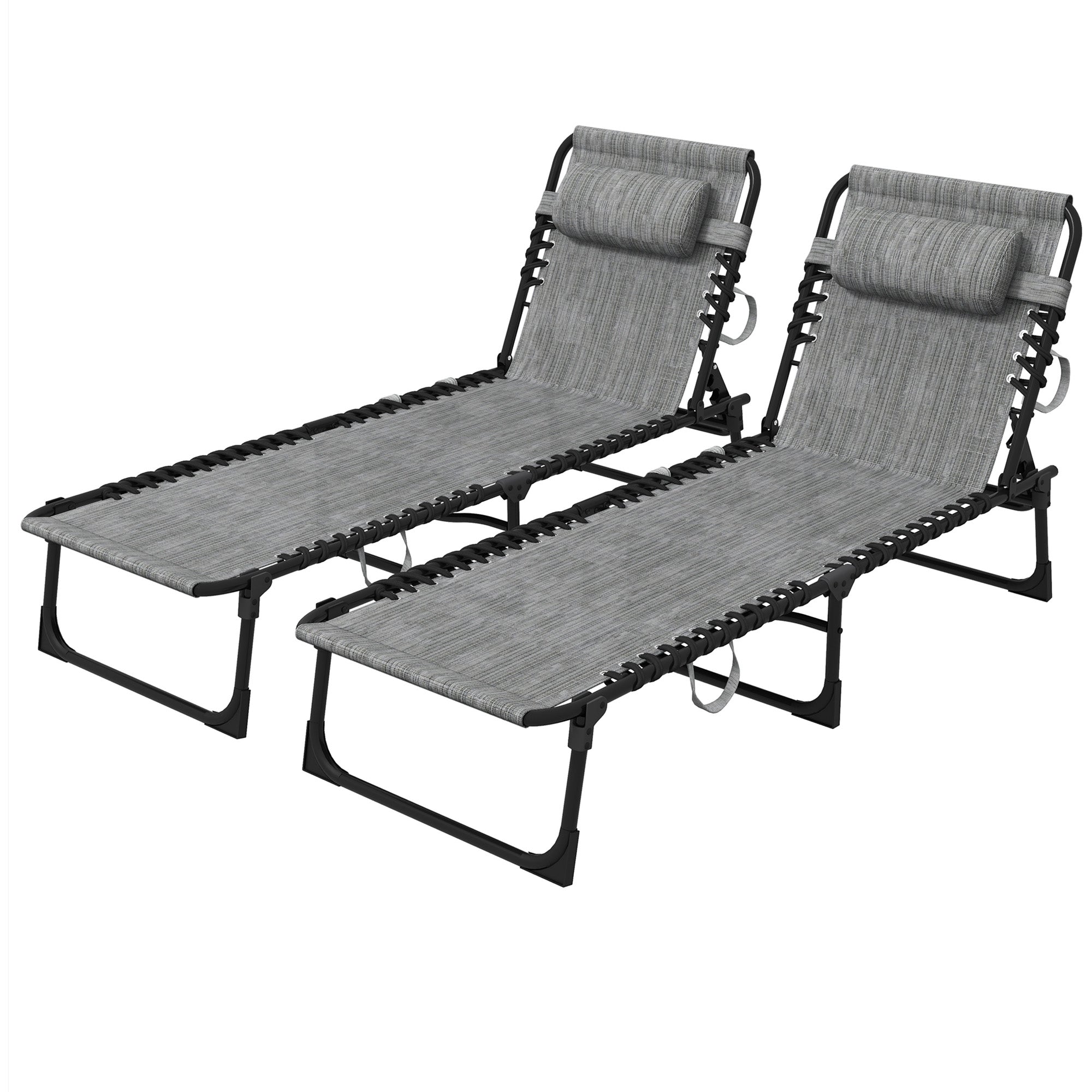 Portable Sun Lounger Set of 2, Folding Camping Bed Cot, Reclining Lounge Chair 5-position Adjustable Backrest with Side Pocket, Pillow for Patio Garden Beach Pool, Mixed Grey