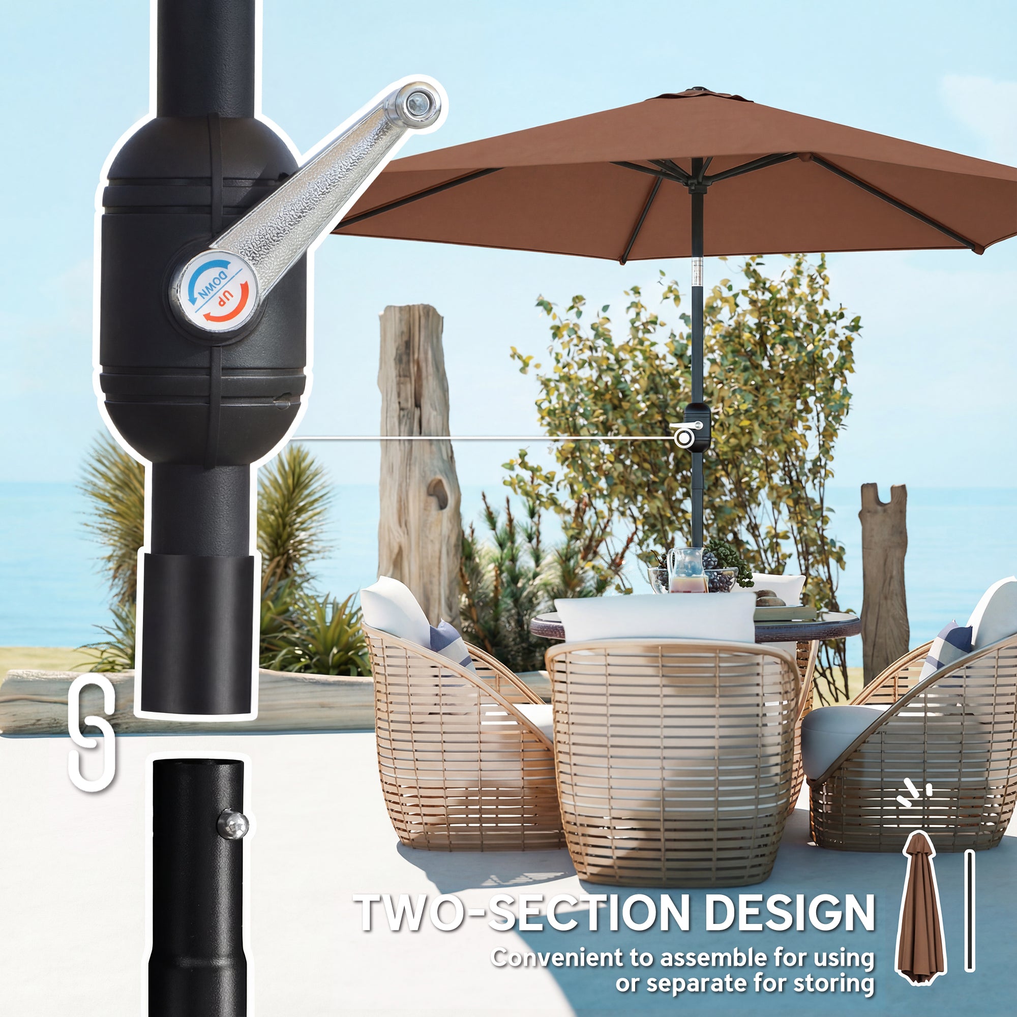 2.6 m Garden Parasol Umbrella with Aluminium Pole, Outdoor Patio Umbrella with Tilt and Crank, Vent, Coffee
