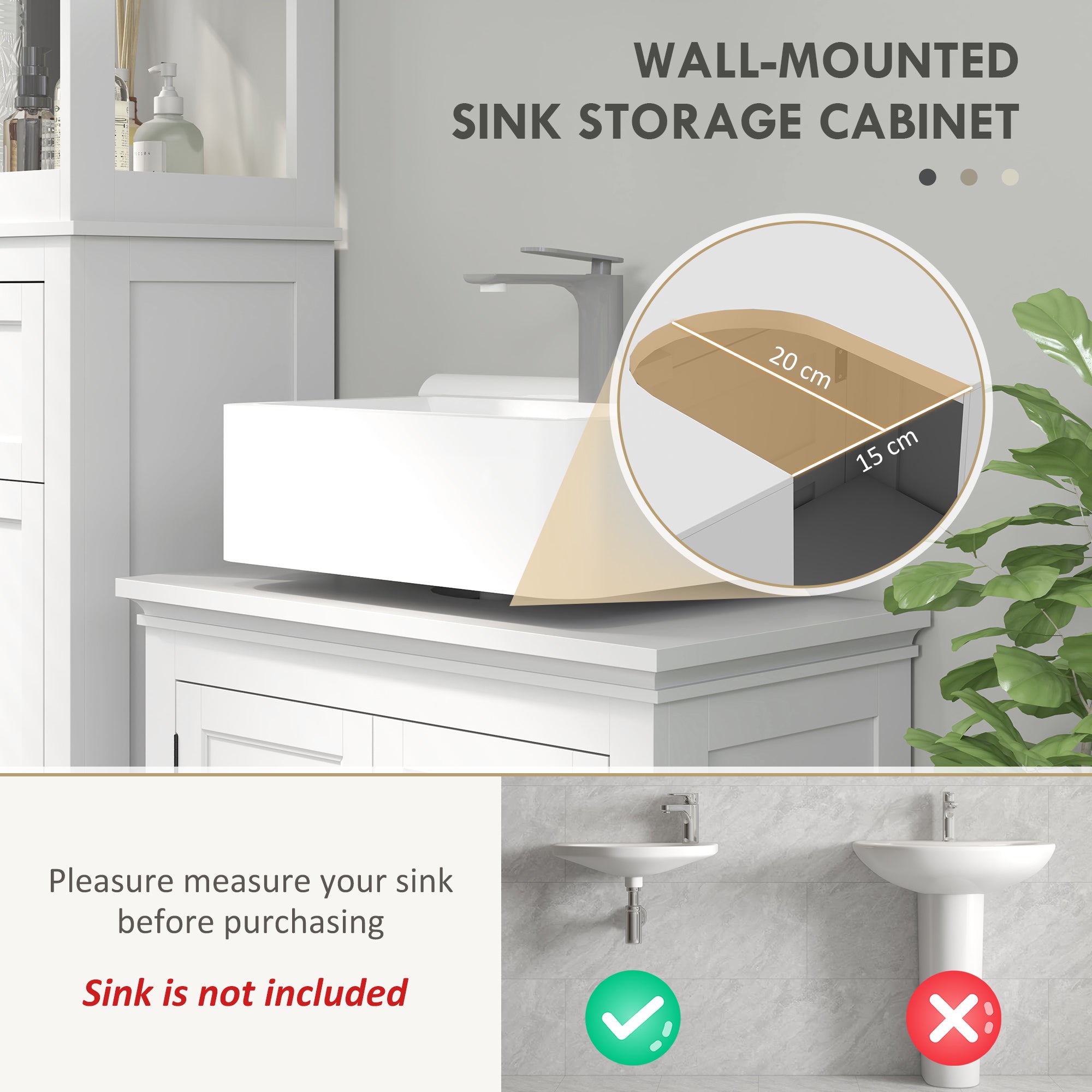 Under Sink Bathroom Cabinet, Freestanding Bathroom Sink Cabinet with Adjustable Shelf for Wall-Mounted Sinks, 60 x 30 x 60cm, White