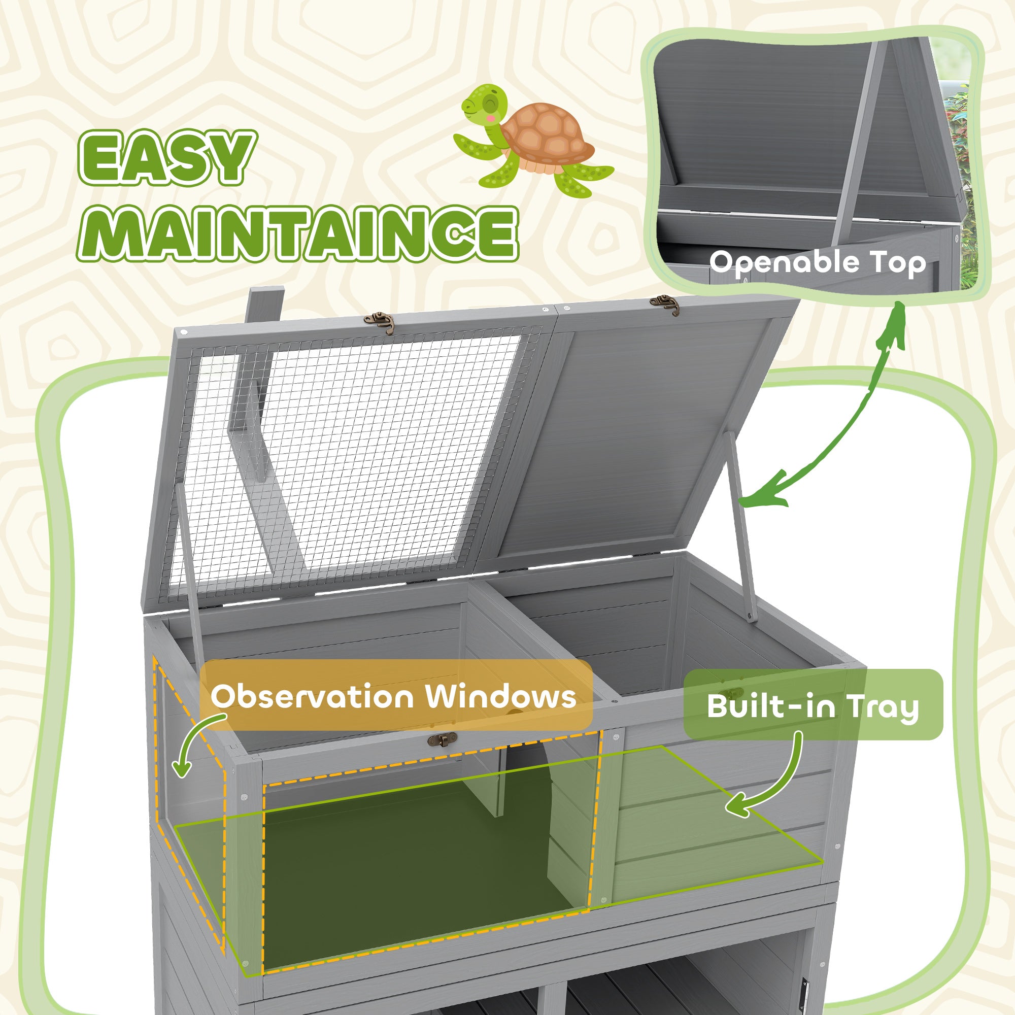 Wooden Tortoise House with Storage Cabinet, Openable Top & Observation Windows - Light Grey