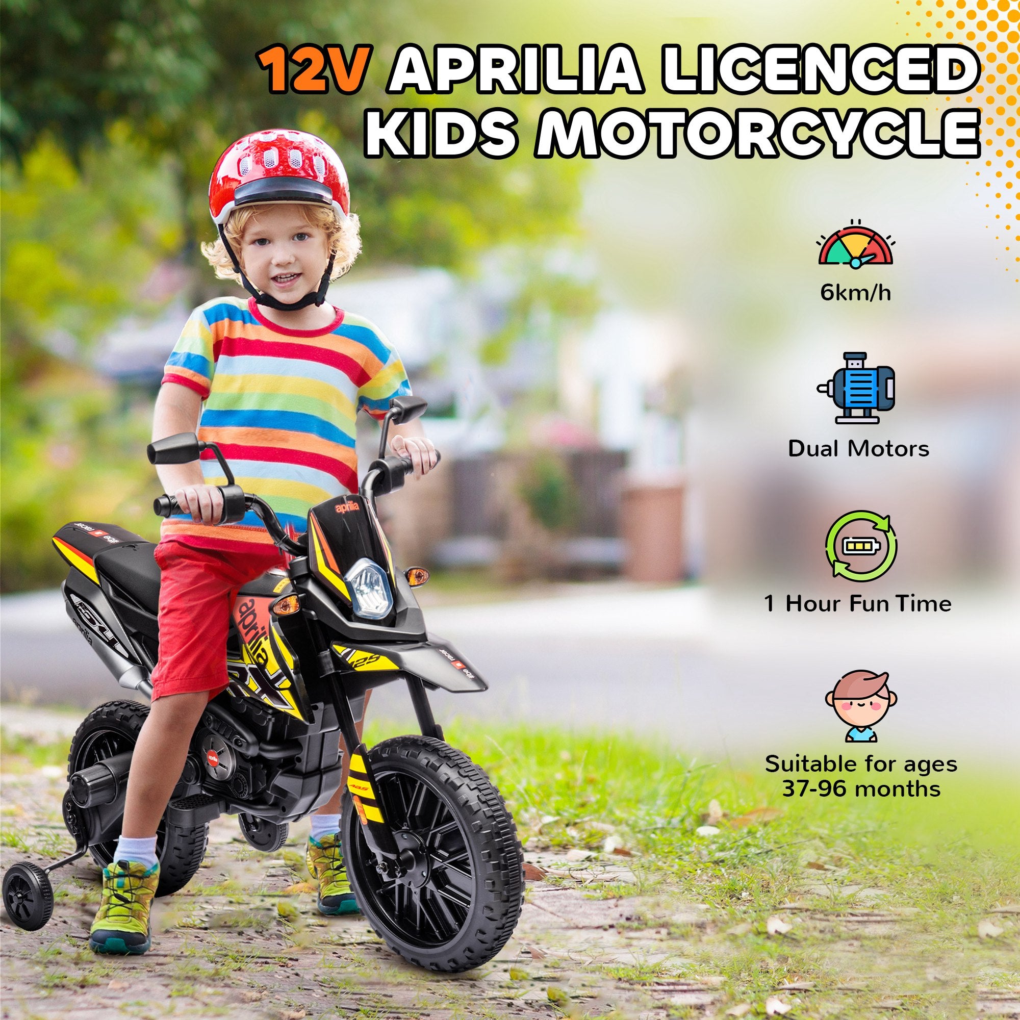12V Aprilia Licenced Kids Motorbike with Training Wheels, Spring Suspension, LED Light, USB, Music, Yellow