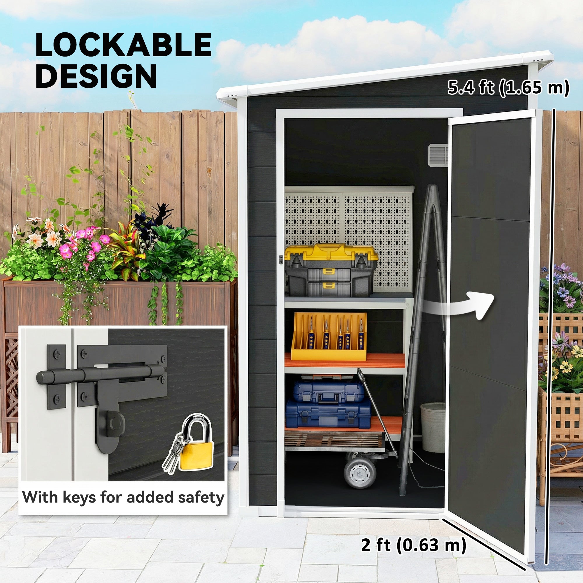 4'x5' Garden Storage Shed, Lean to Shed, Lockable Garden Shed with Window, Vent and Plastic Roof, Black