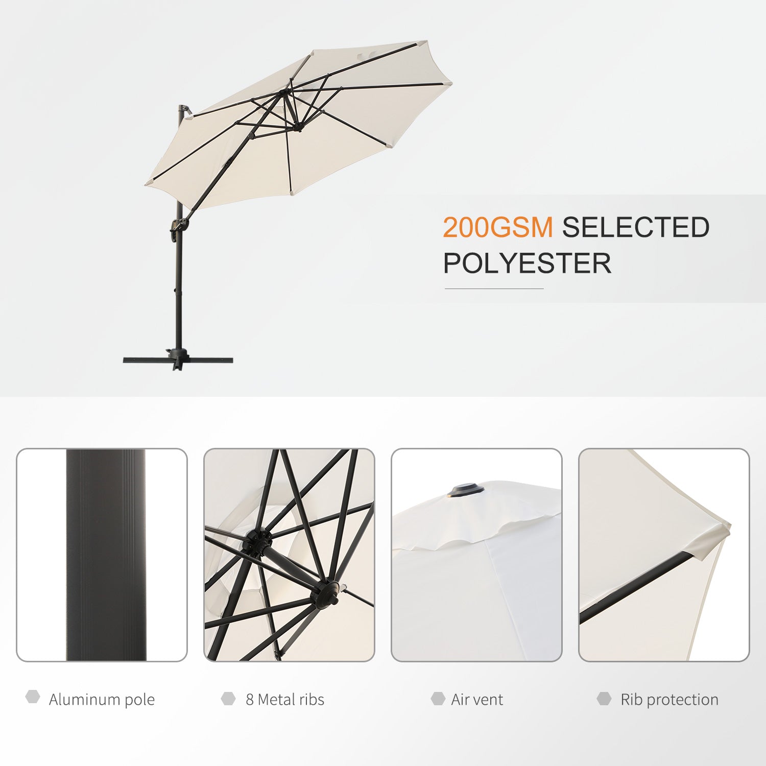 Umbrella Parasol W/360° Rotation 294x248H cm-Cream White