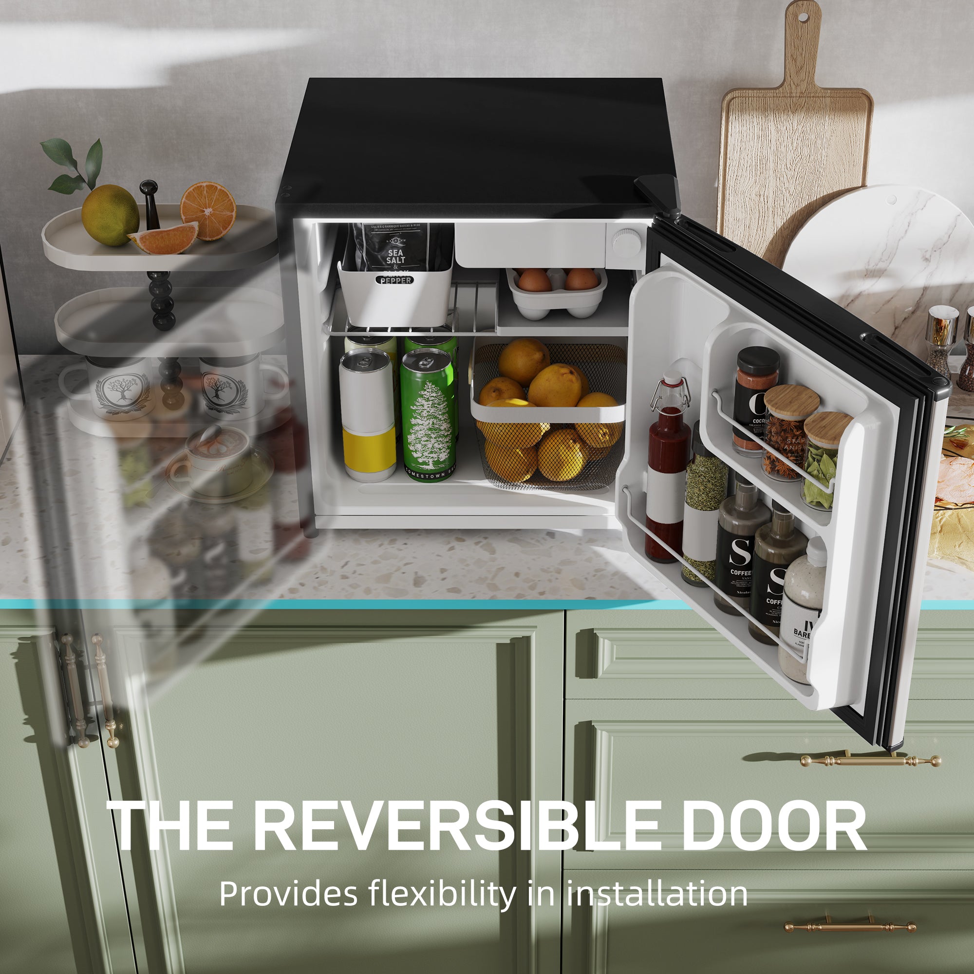 46 Litre Table Top Mini Fridge, Small Fridge with Ice Box, Reversible Door, Adjustable Temperature and Legs for Bedrooms, Home Office, Silver Tone