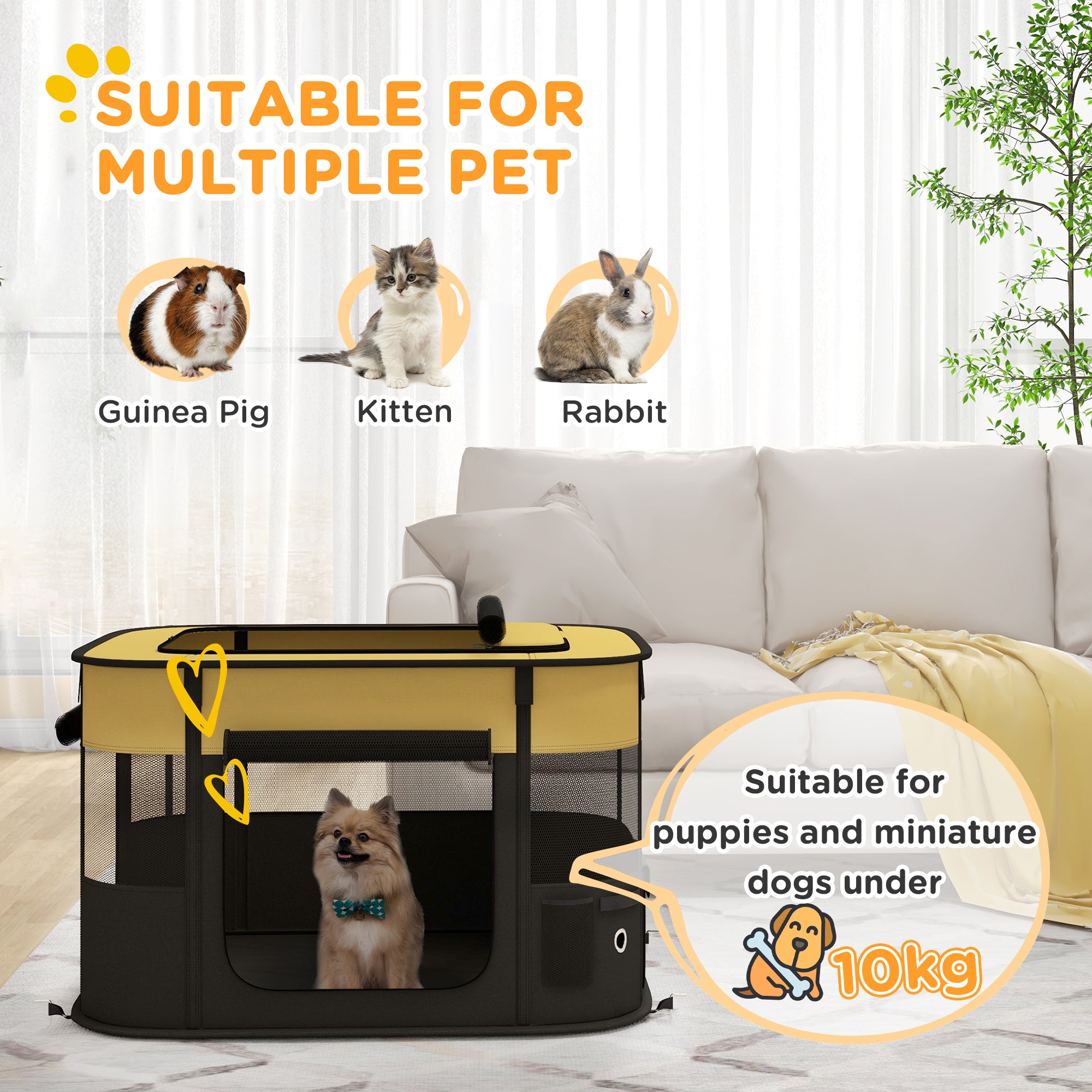 Foldable Dog Pen with Storage Bag for Indoor/Outdoor Use, Portable Pet playpen, with Ground Stakes - Yellow