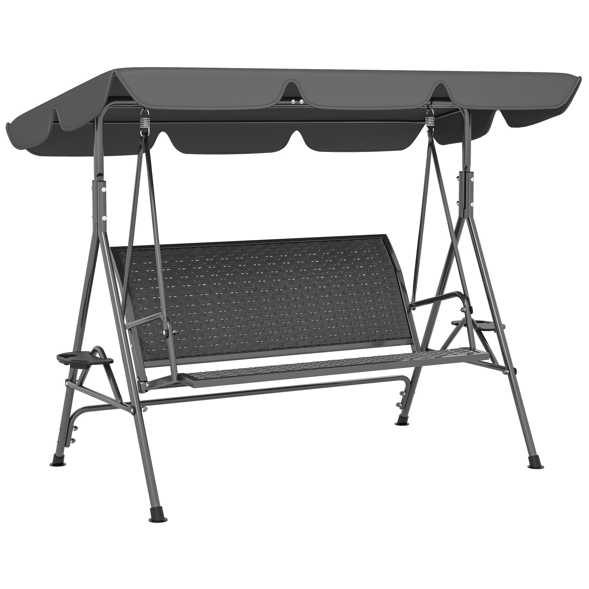3 Seater Swing Chair, Garden Swing Seat Bench with Adjustable Canopy, Rattan Seat and Steel Frame for Patio, Yard, Grey