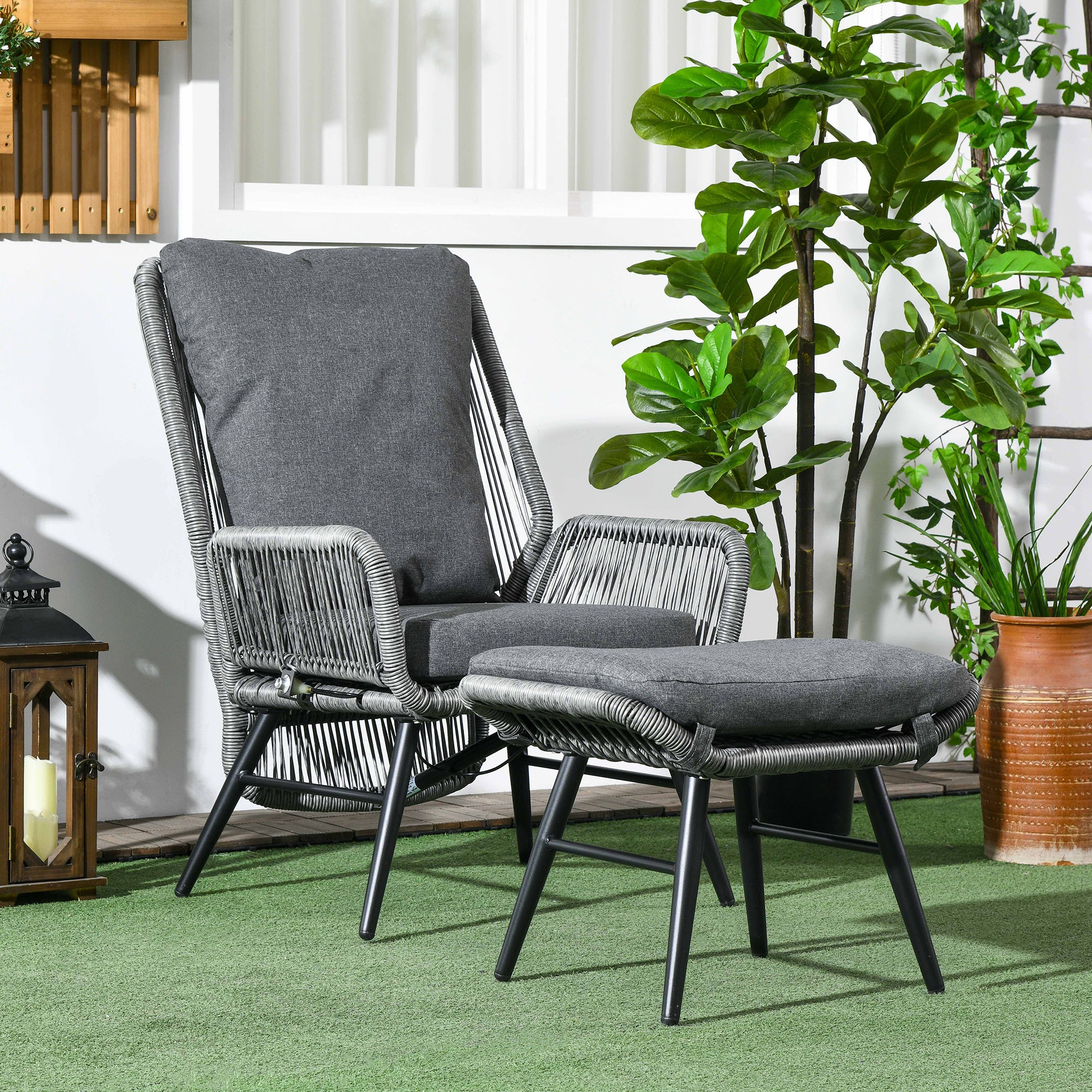 String Rattan Armchair and Footstool Set, with Cushions - Grey