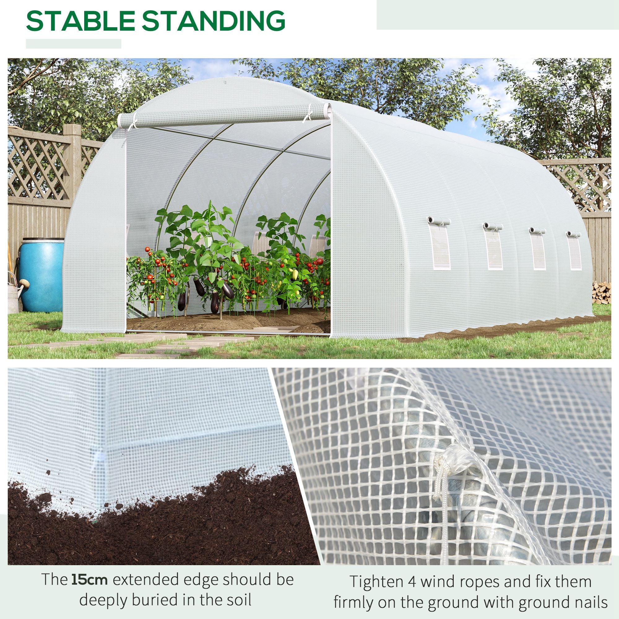 6 x 3 x 2 m Polytunnel Greenhouse, Walk in Polytunnel Tent with Metal Frame, Zippered Door and 8 Windows for Garden and Backyard, White