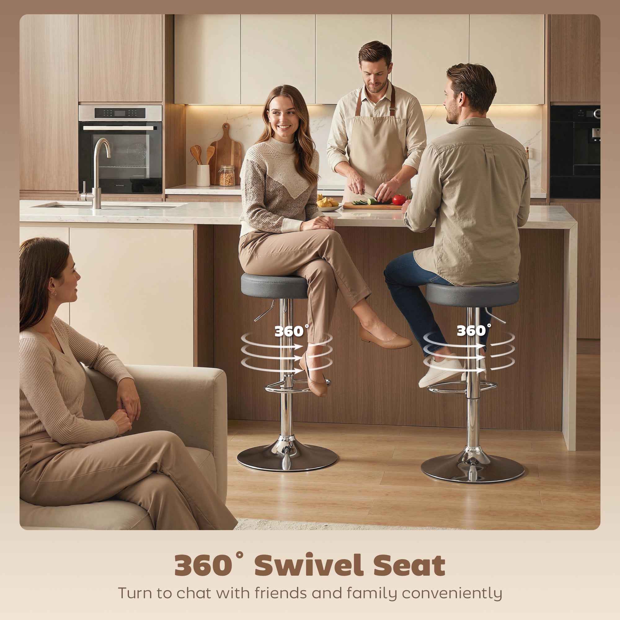 Bar Stools Set of 2, Modern PU Leather Swivel Barstools, Height Adjustable Breakfast Bar Chairs with Footrest, Grey