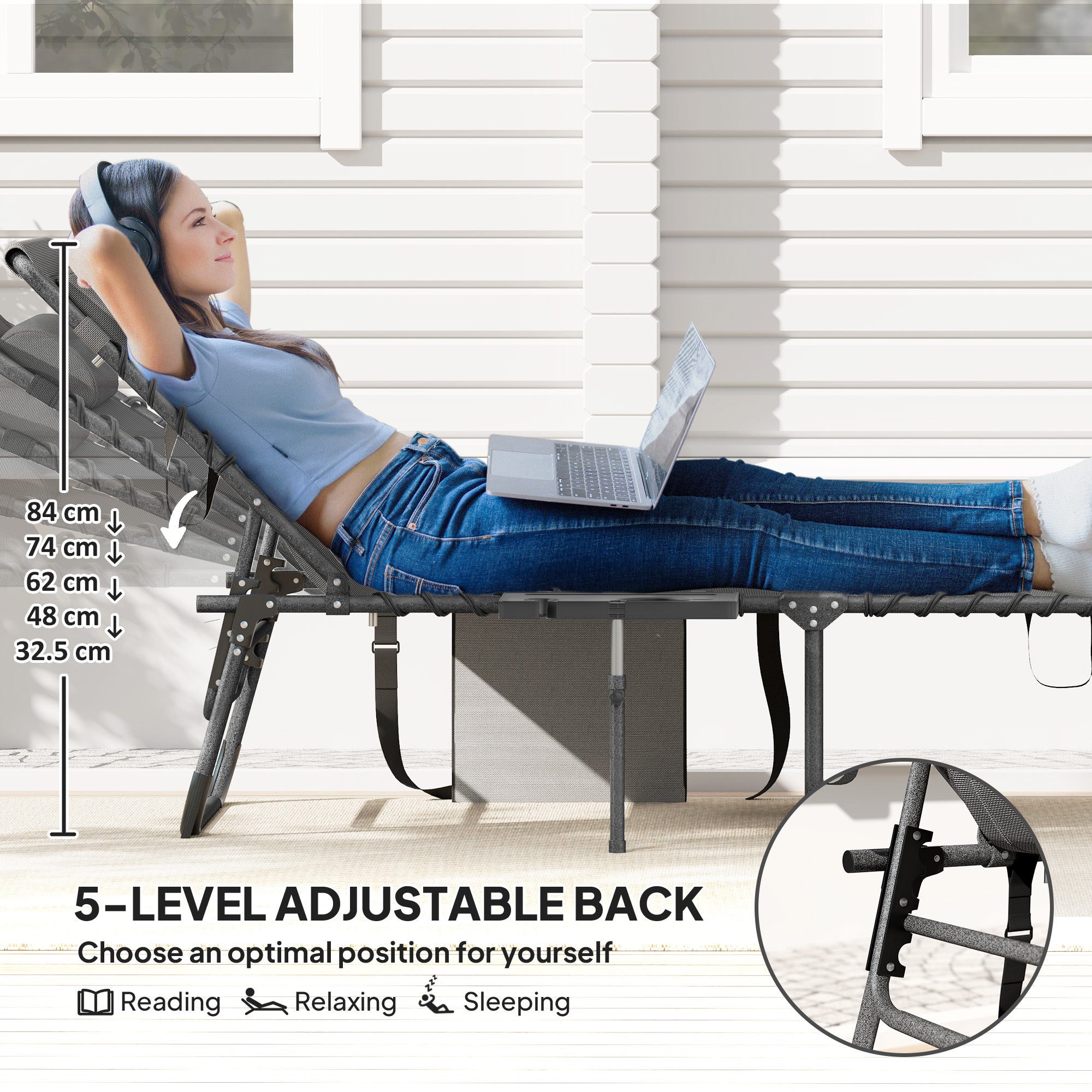 Five-Position Reclining Sun Lounger with Side Table and Pillow - Grey