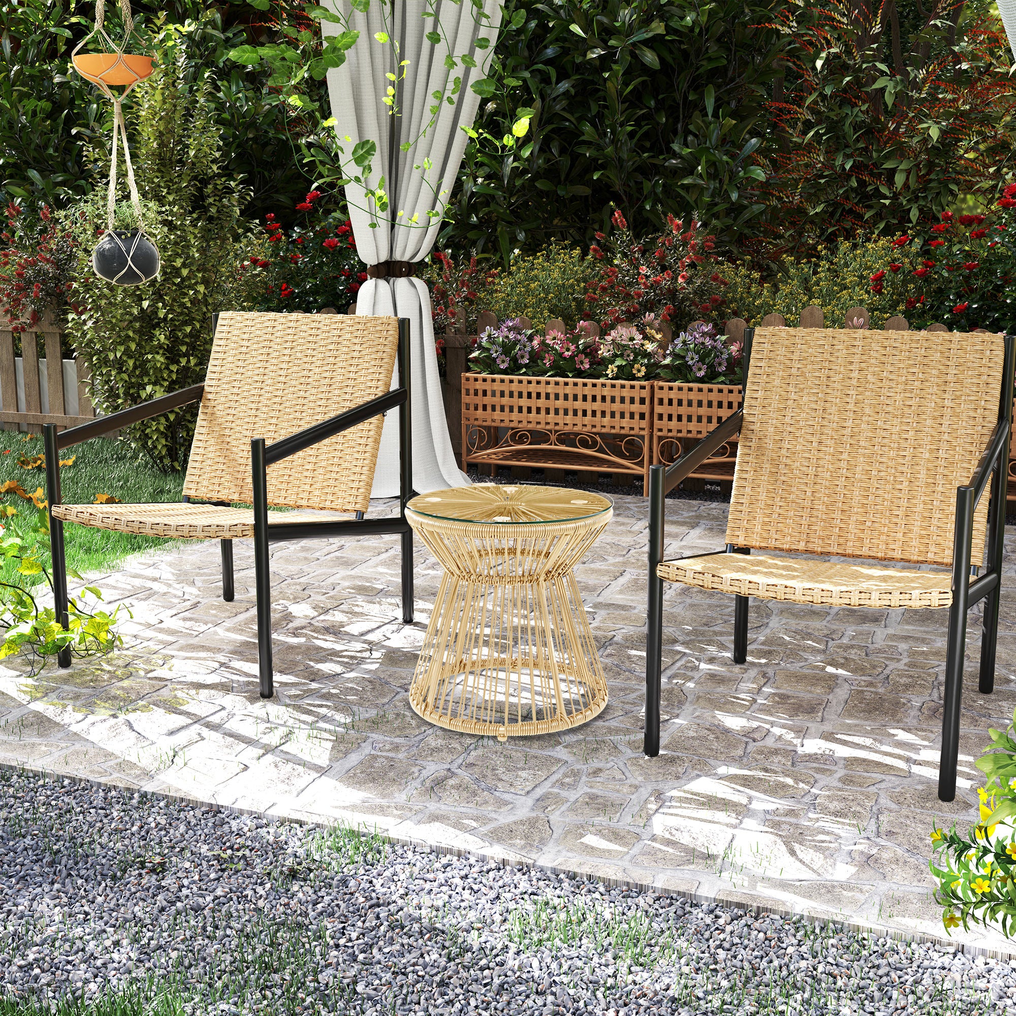 Round End Table, Rattan Side Table, Hollow Drum Design Coffee Table w/ Glass Tabletop for Patio, Garden, Balcony Natural