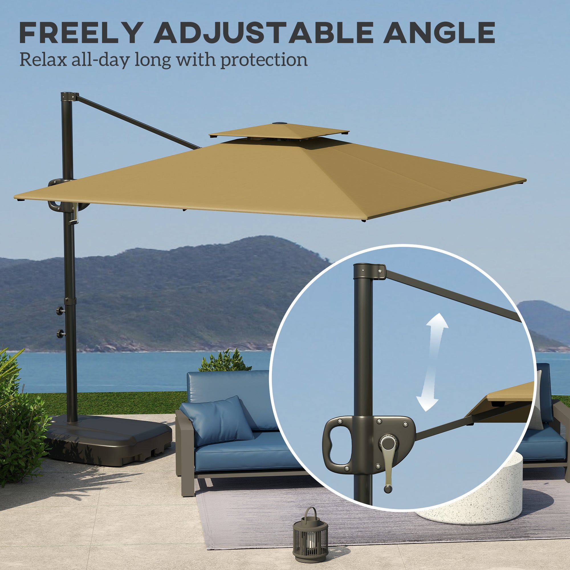 Cantilever Parasol with Weighted Base Double Top Garden Parasol Square Hanging Patio Umbrella with Crank Tilt Khaki