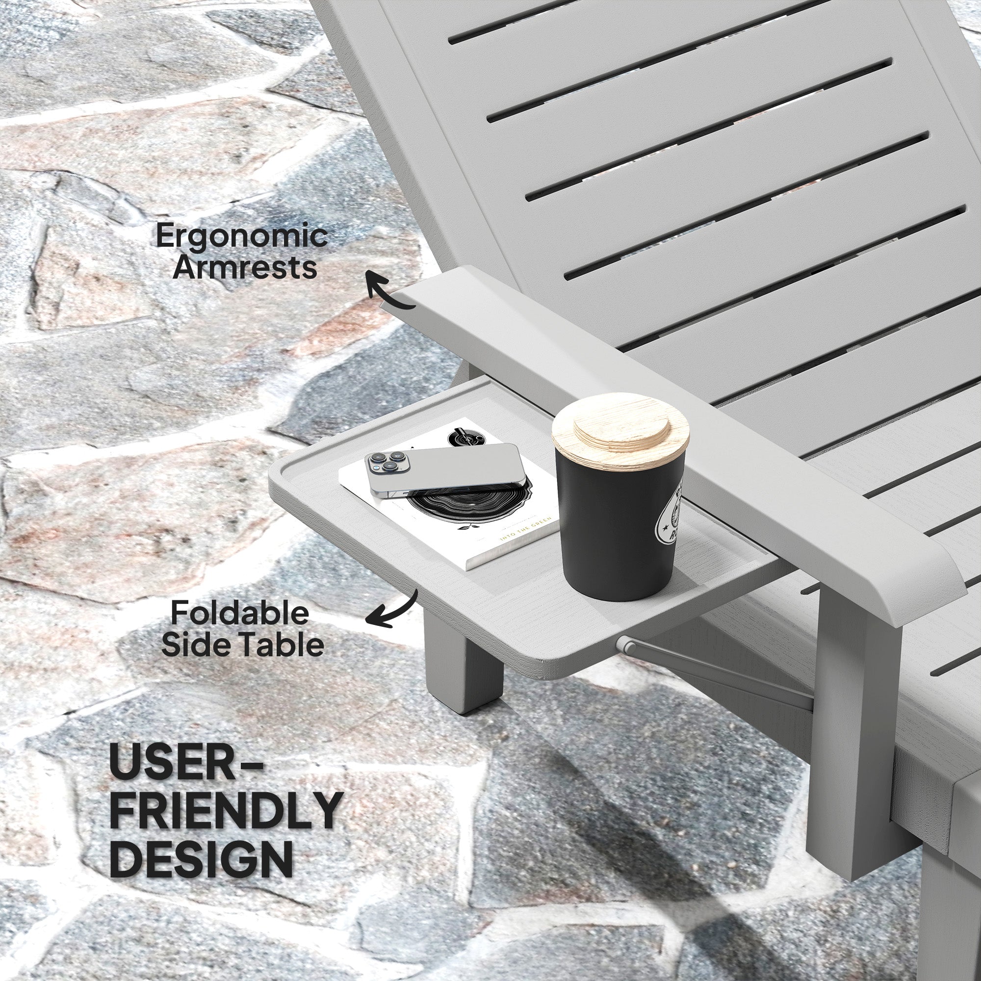 Set of 2 Resin Reclining Sun Loungers for Garden, 5 Positions Adjustable Outdoor Chaise Lounge Chairs with Wood Texture Surface, Armrests, Foldable Side Table for Garden, Beach, Light Grey