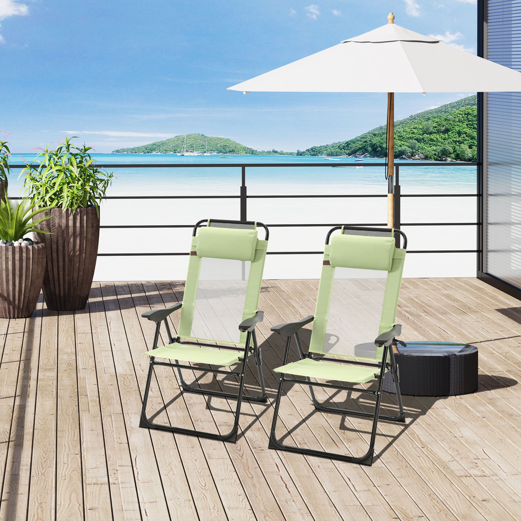 Folding Garden Chairs Set of 2, 5-Position Recliner Camping Chair with High Back, All Weather Texteline Seat, Portable Outdoor Dining Chairs with Headrests for Patio, Picnic, Green