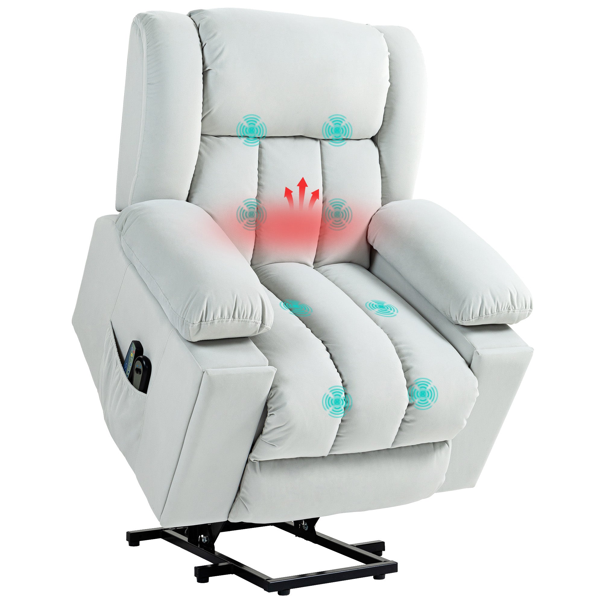 Power Lift Recliner Chair with Vibration Massage and Heat, Electric Lift Chair for Elderly, Overstuffed Fabric Riser and Reclining Armchair with USB Ports, Cup Holders, Light Grey