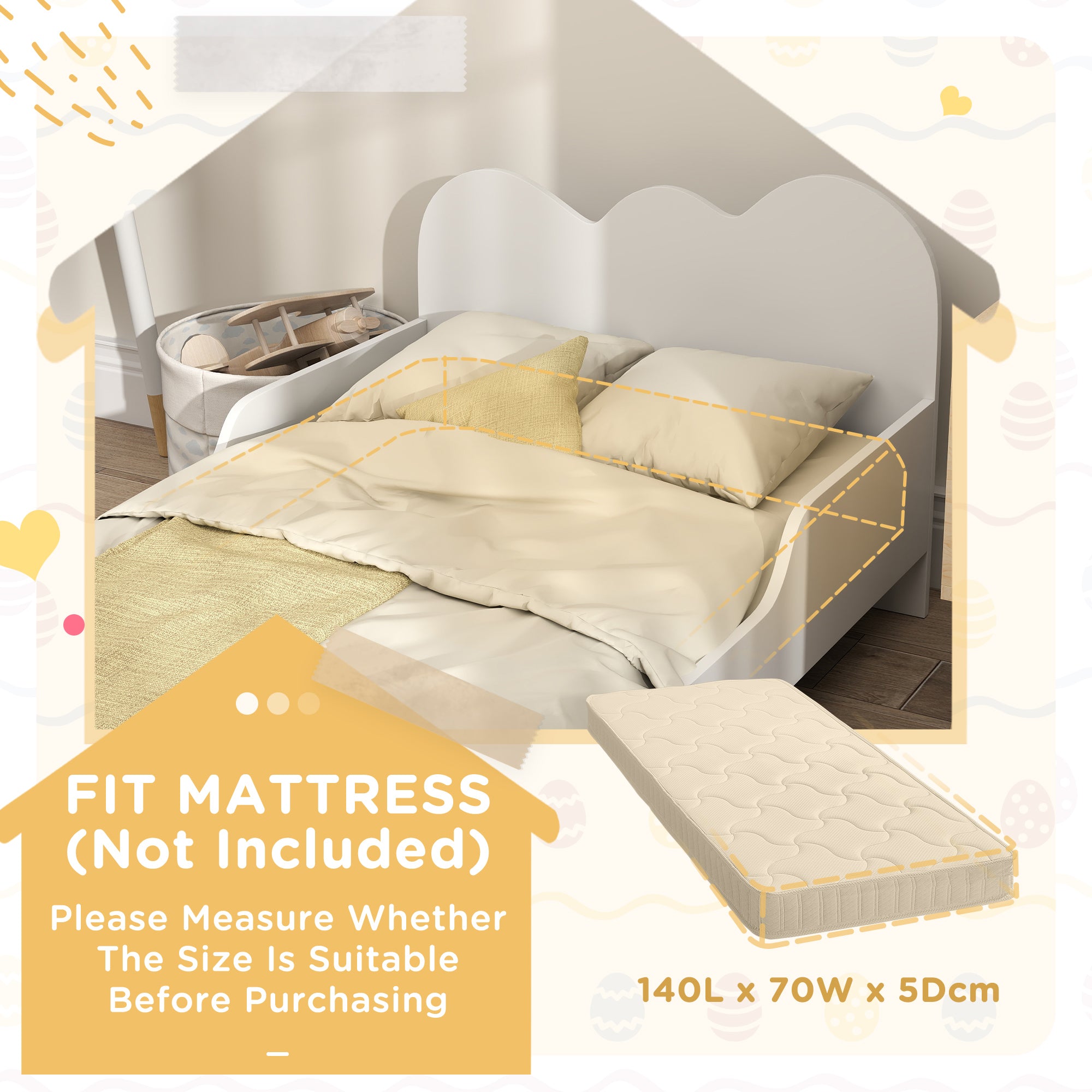 Cloud-Themed Toddler Bed Frame with Safety Rails 143.5x74.5x56cm - White