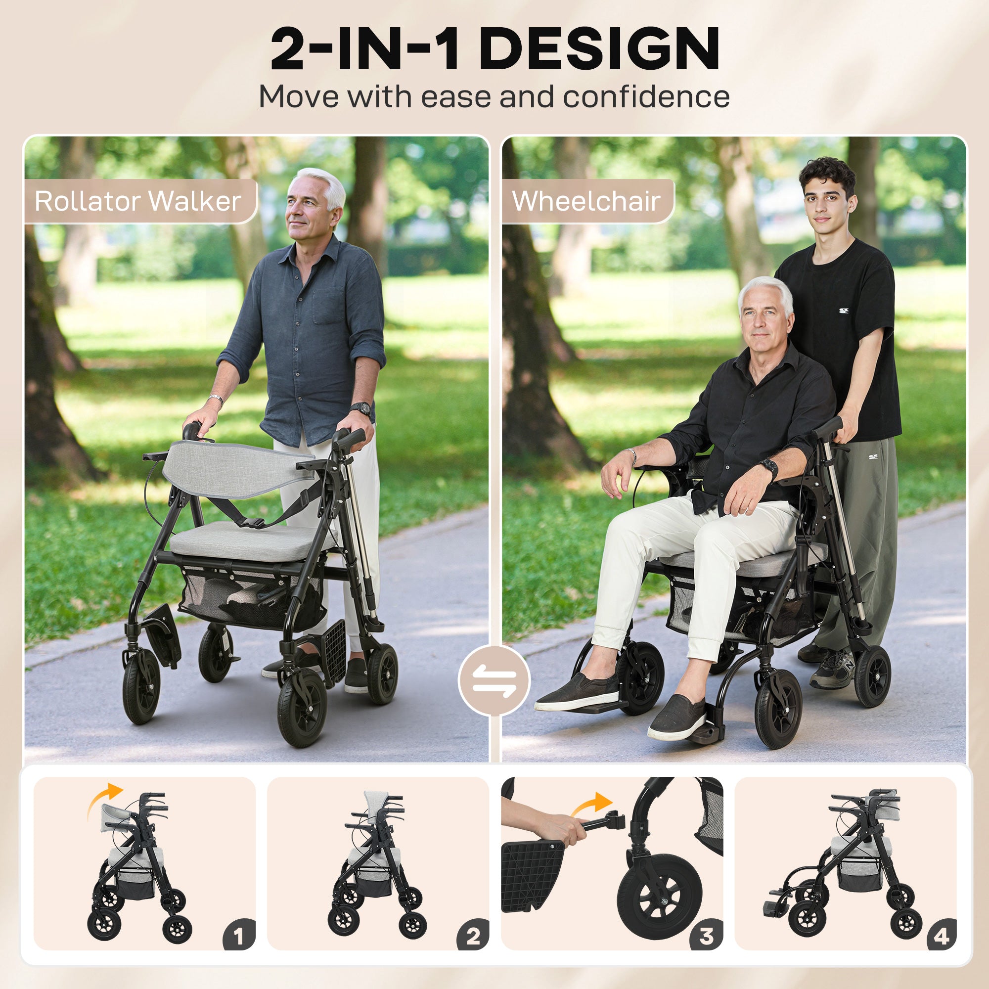 Rollator Walker Wheelchair, with Seat - Grey