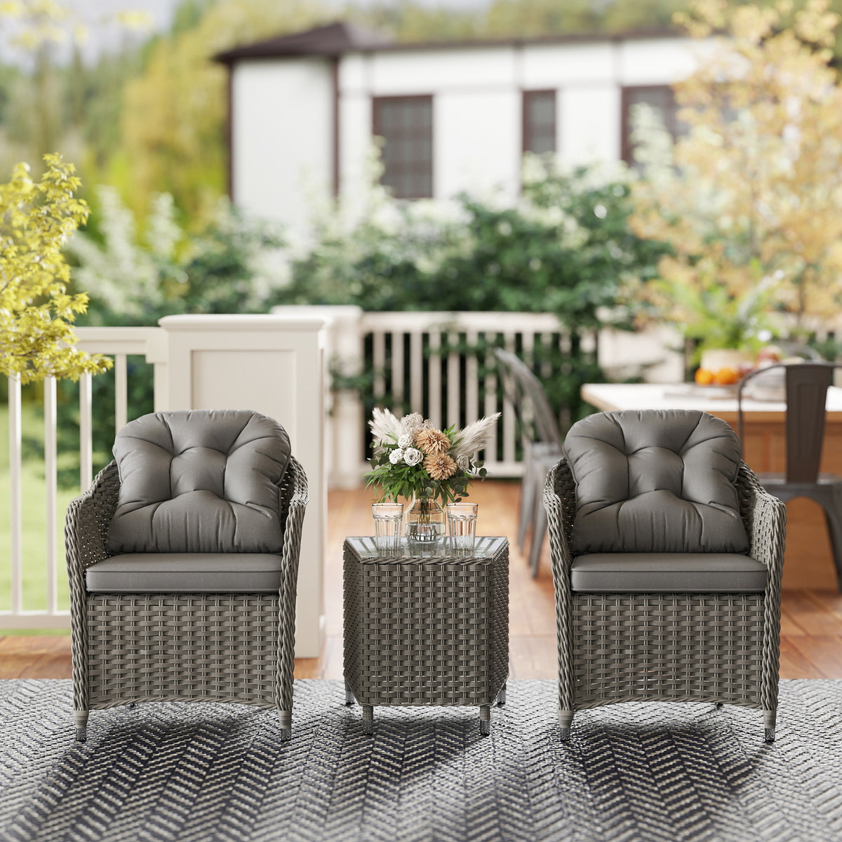 3 Piece Super Padded Rattan Patio Set with Armchairs & Coffee Table - Light Grey