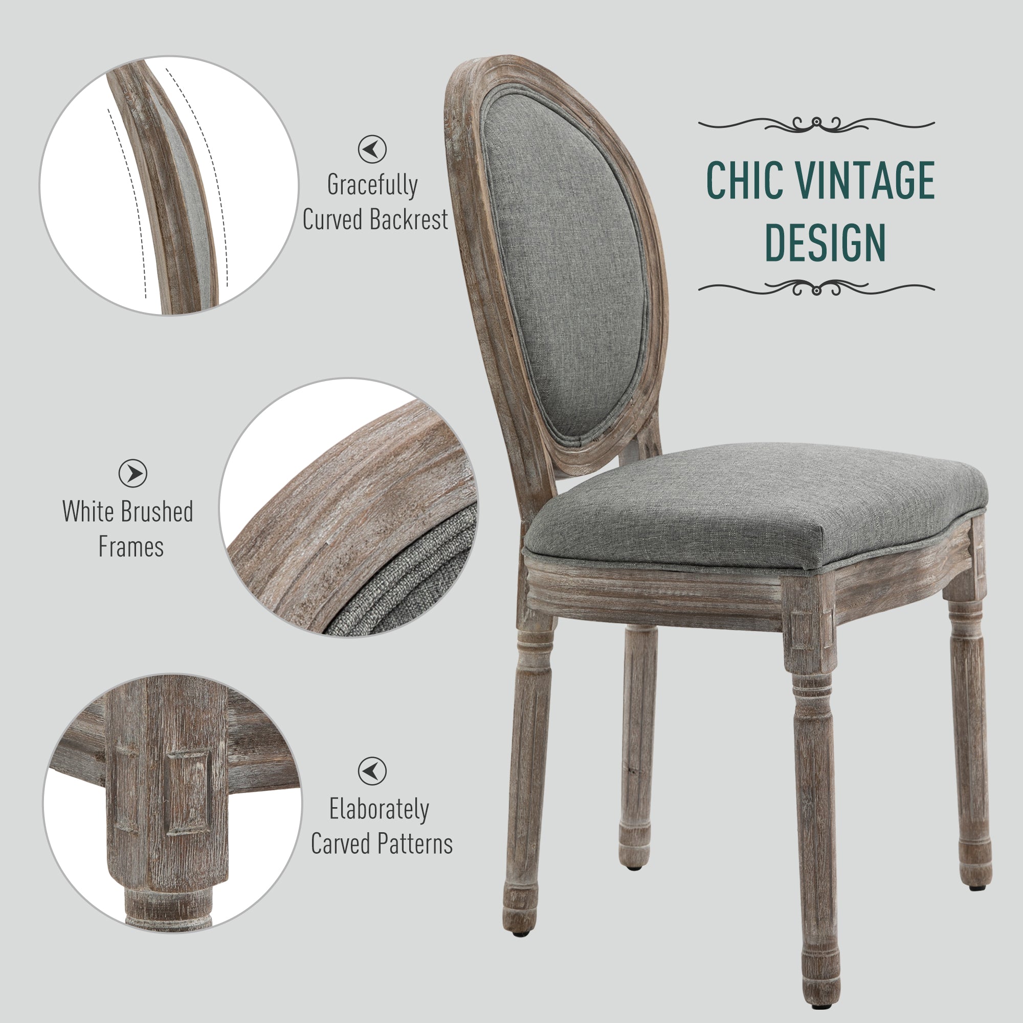 Dining Chairs Set of 2, French-Style Upholstered Kitchen Chairs with Padded Seats, Wood Frame and Round Back, Grey