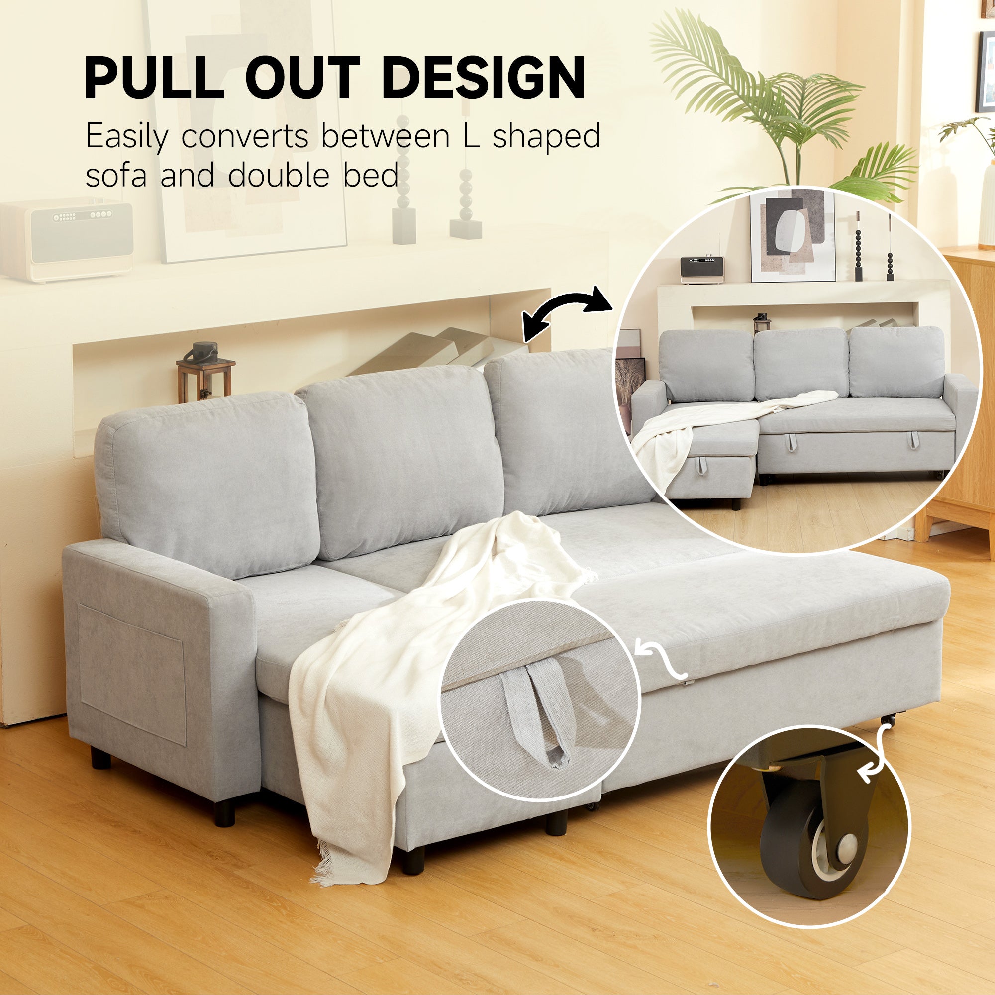 L Sofa Bed, with Storage - Light Grey