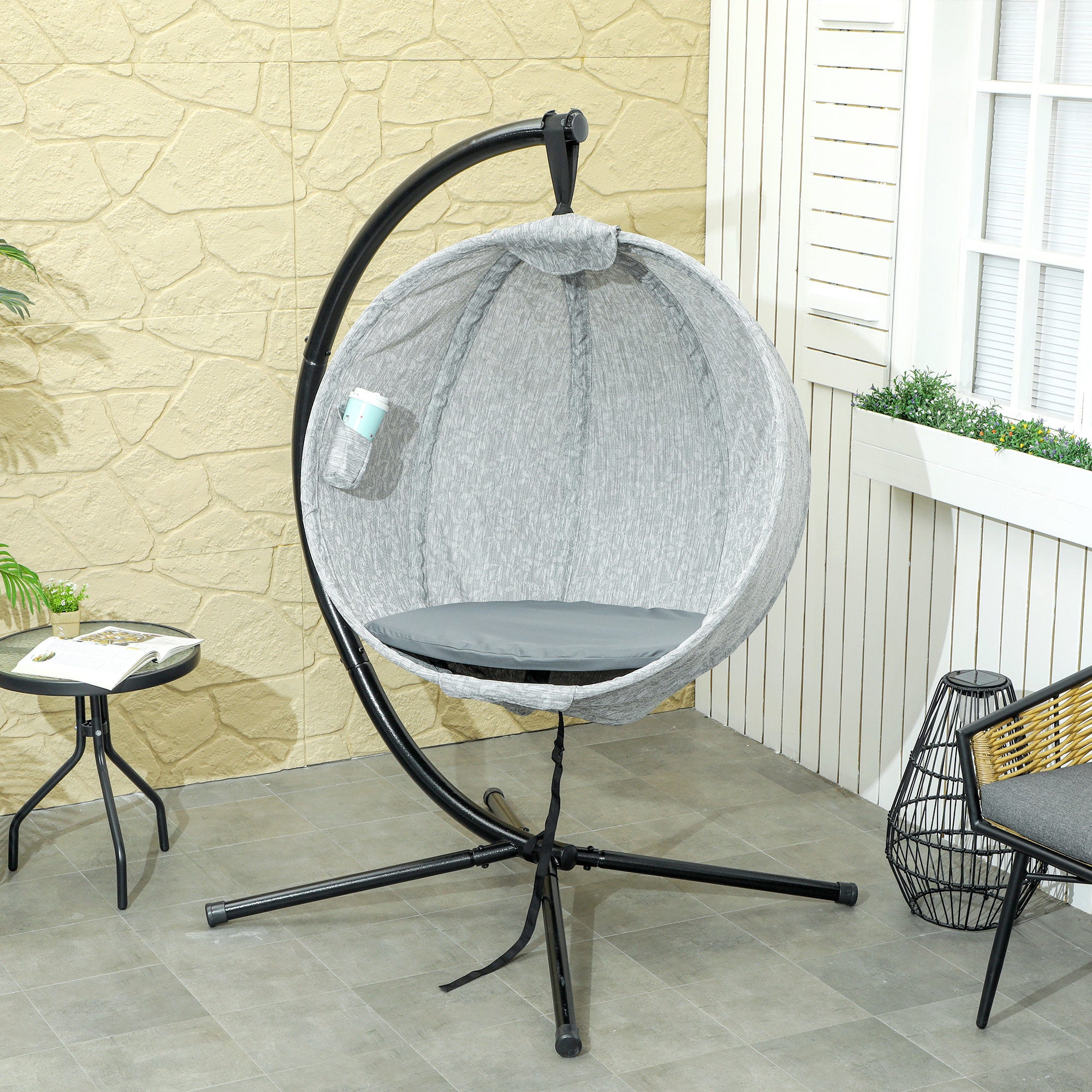 Hanging Egg Chair with Stand and Thick Cushions - Grey