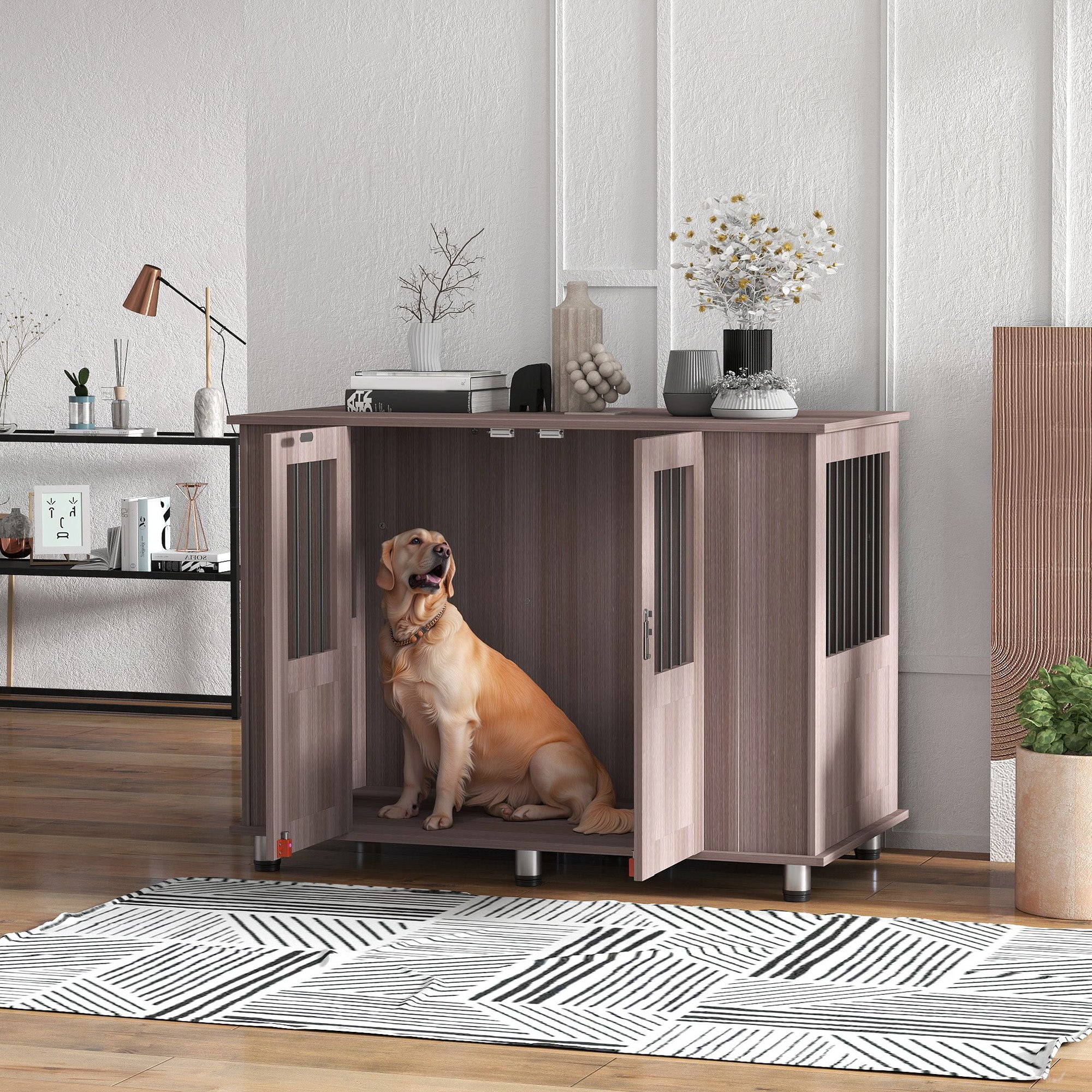 Dog Crate Table for Medium and Large Dogs with Magnetic Door for Indoor Use, 116 x 60 x 87 cm, Purple
