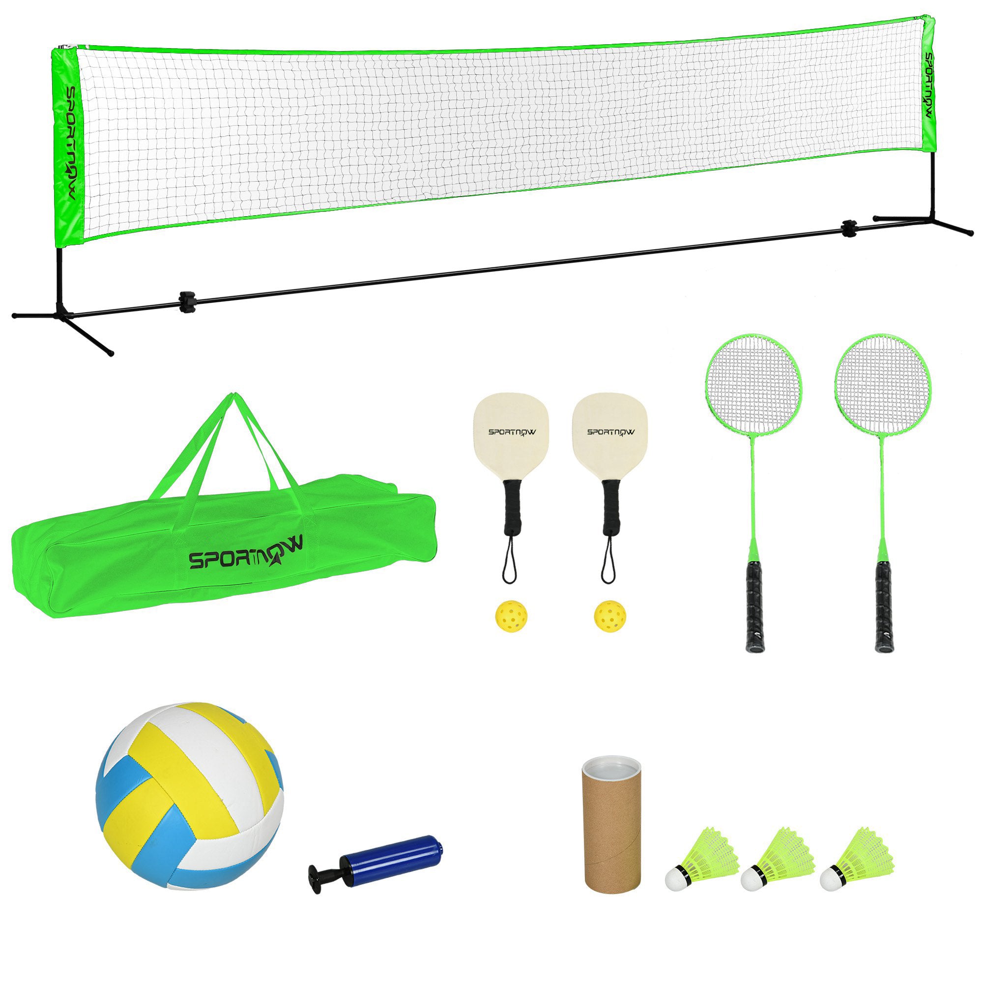 Badminton Net Set, Height Adjustable Net for Pickleball, Volleyball, Badminton, with 3 Shuttlecocks, 4 Rackets