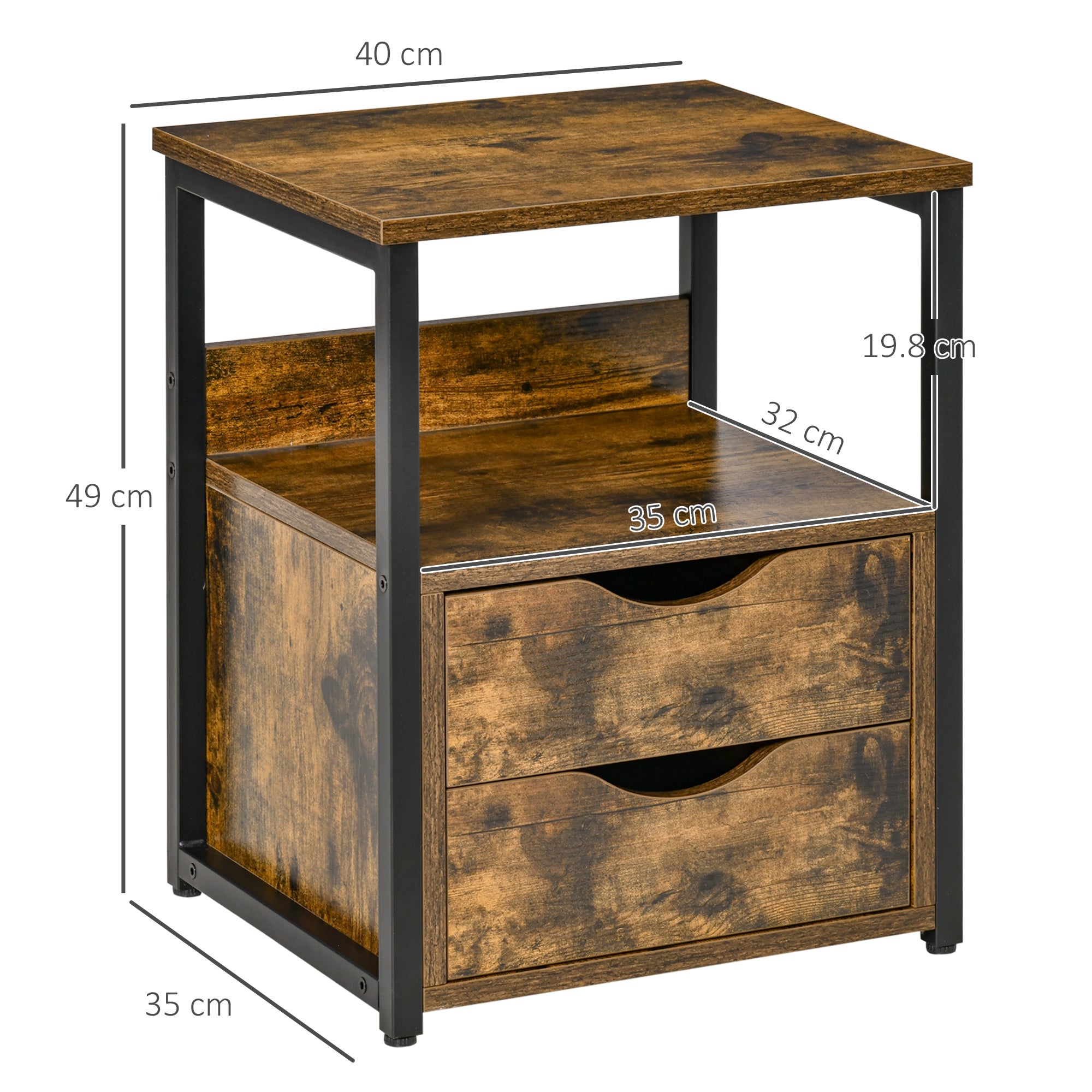Industrial Side Table Set of 2 with Drawer and Storage Shelf, Slim Nightstand for Living Room & Bedroom - Rustic Brown