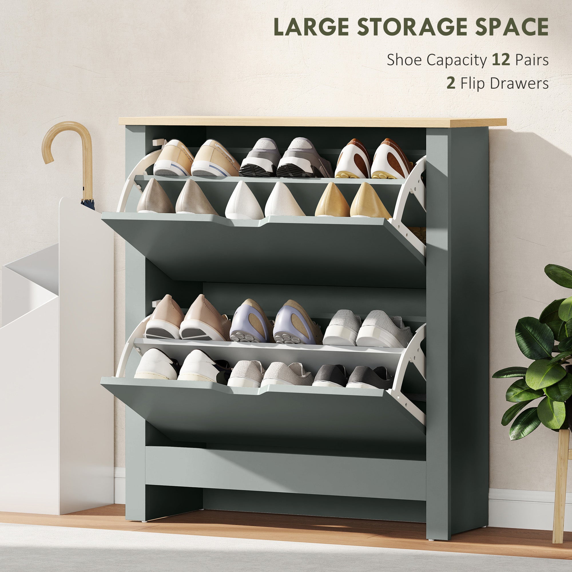 Slim Shoe Cabinet, Narrow Shoe Cupboard with 2 Flip Drawers, Adjustable Shelves for 12 Pairs of Shoes, Light Grey