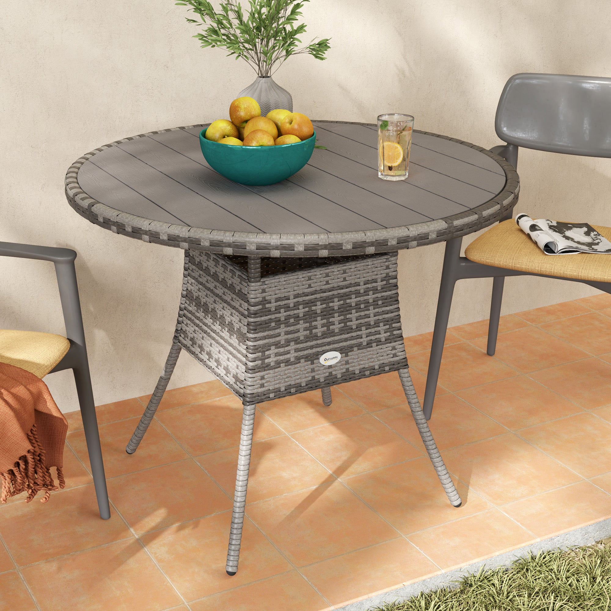 90cm Four-Person Wood-Effect Rattan Dining Table - Grey