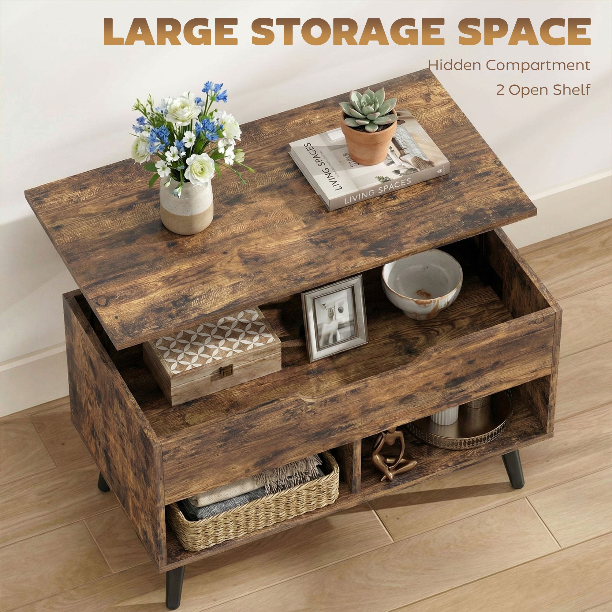 Lift Top Coffee Table with Hidden Storage Living Room Table Metal Legs 75 cm Rustic Brown