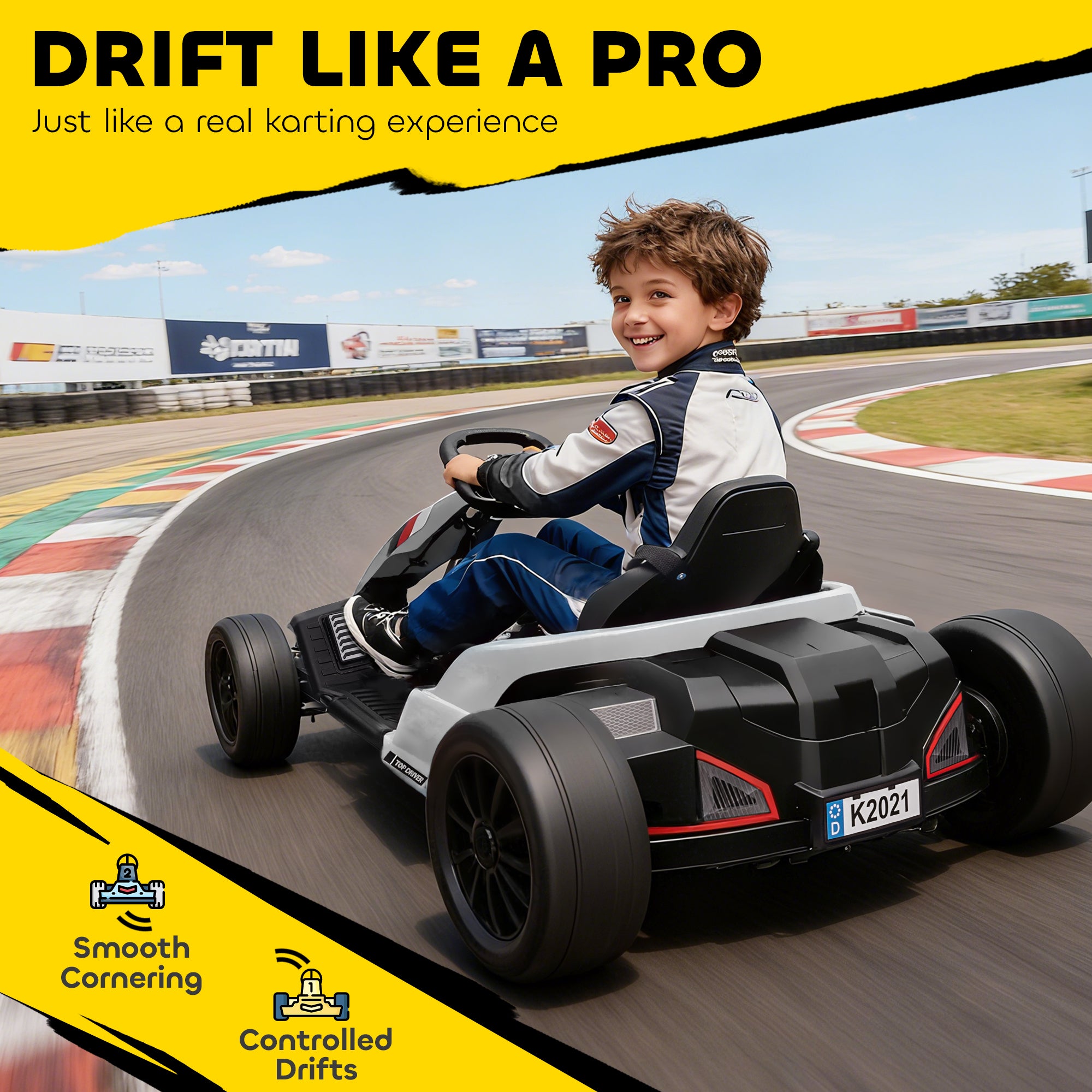 24V Electric Go Kart, Drift Kart with Adjustable Seat, Slow Start, 5-Point Harness, Music, Horn, for 6-12 Years, White