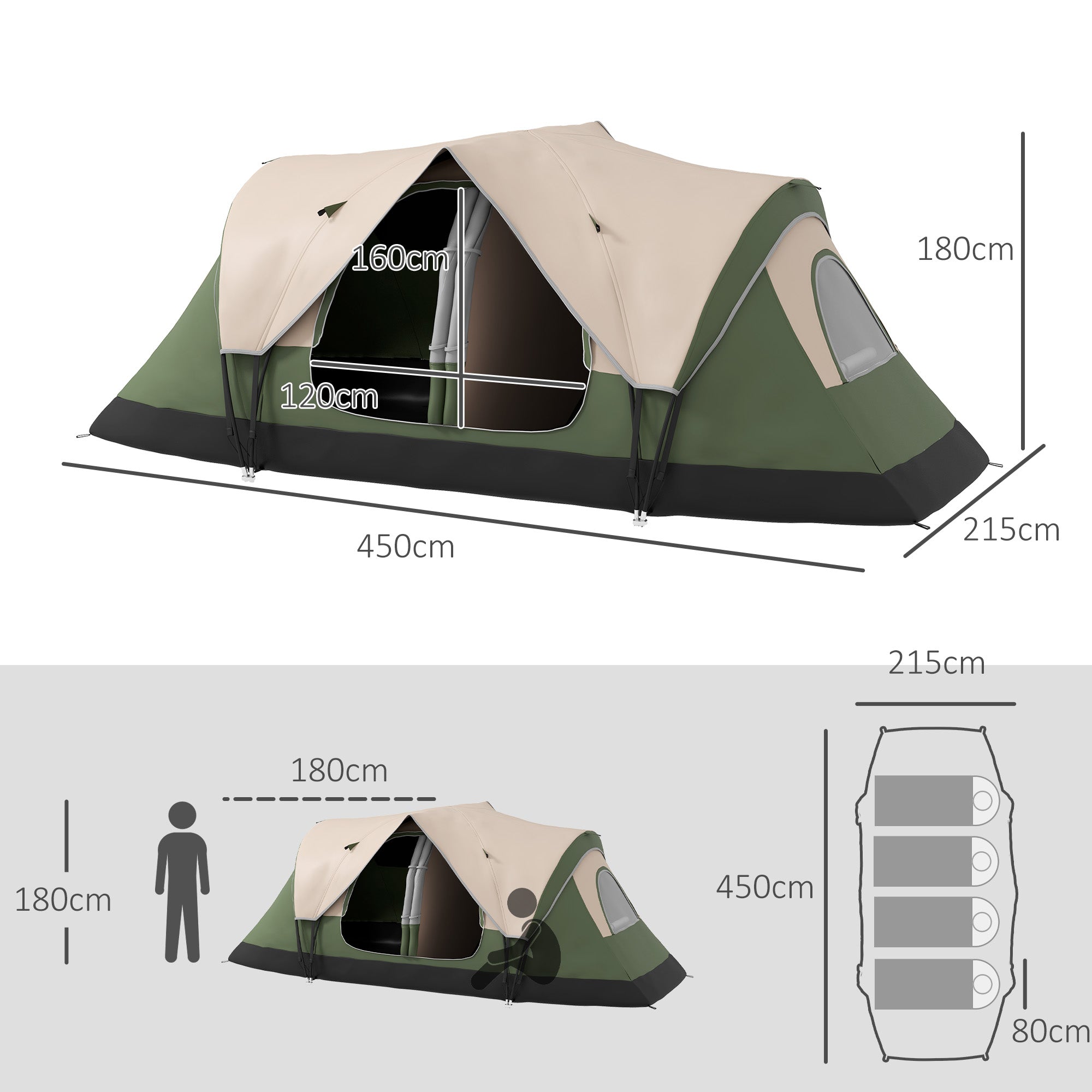 Camping Tent for 6-8 Man with 2000mm Waterproof Rainfly and Carry Bag for Fishing Hiking Festival, Dark Green