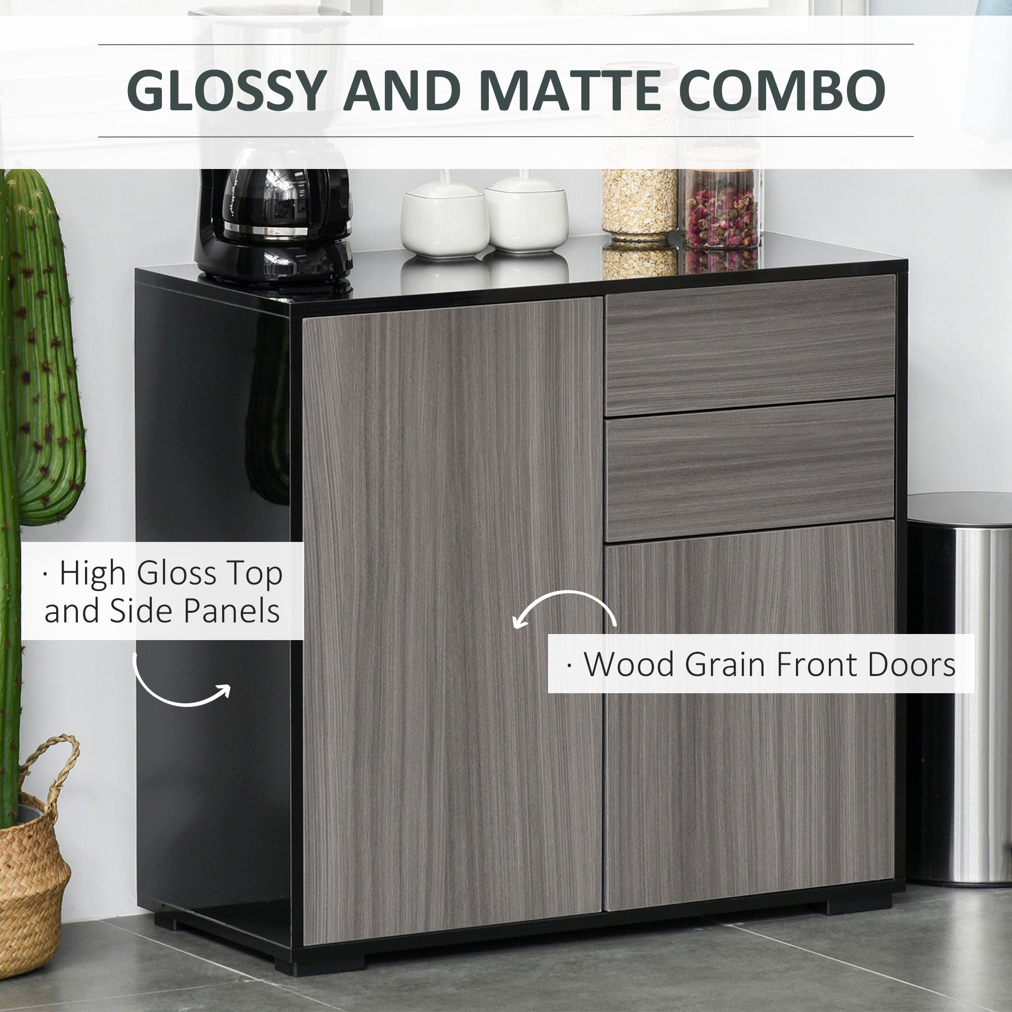 High Gloss Frame Sideboard, Side Cabinet, Push-Open Design with 2 Drawer for Living Room, Bedroom, Light Grey and Black