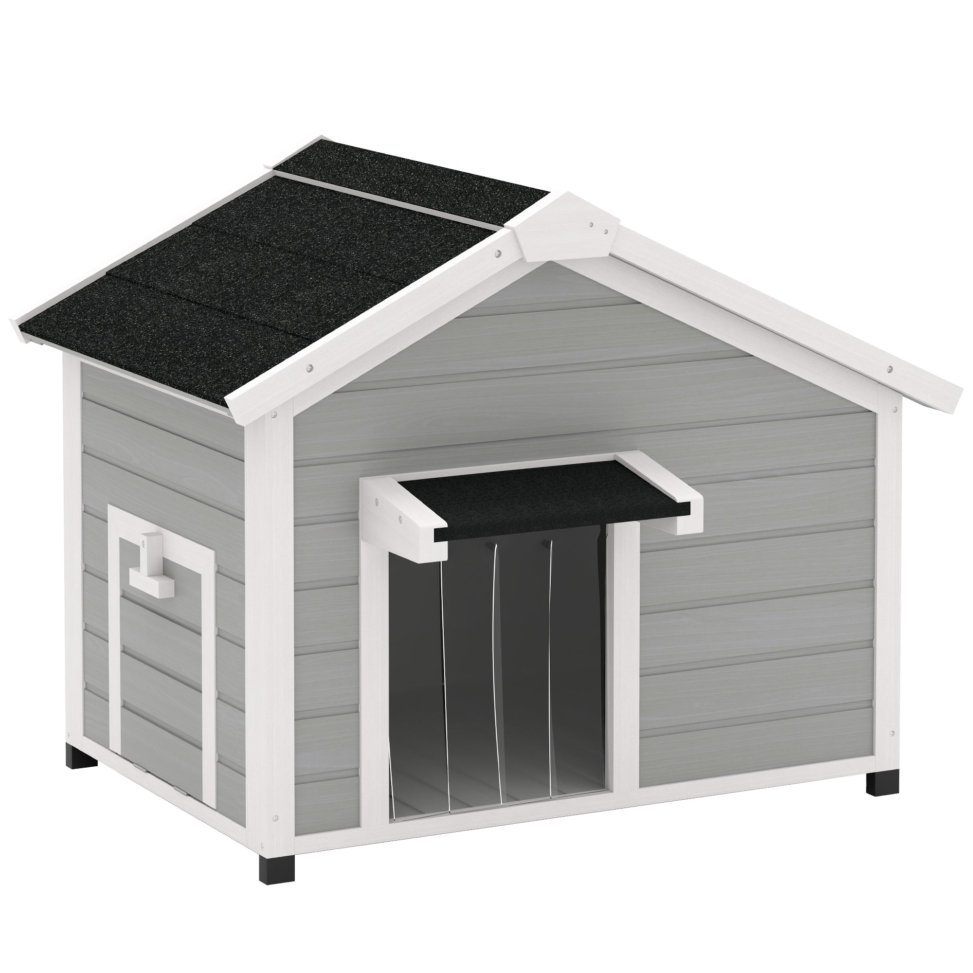 Wooden Dog House Outdoor with Openable Roof, Removable Floor, Curtain, Elevated Feet, for Medium Dogs, Light Grey