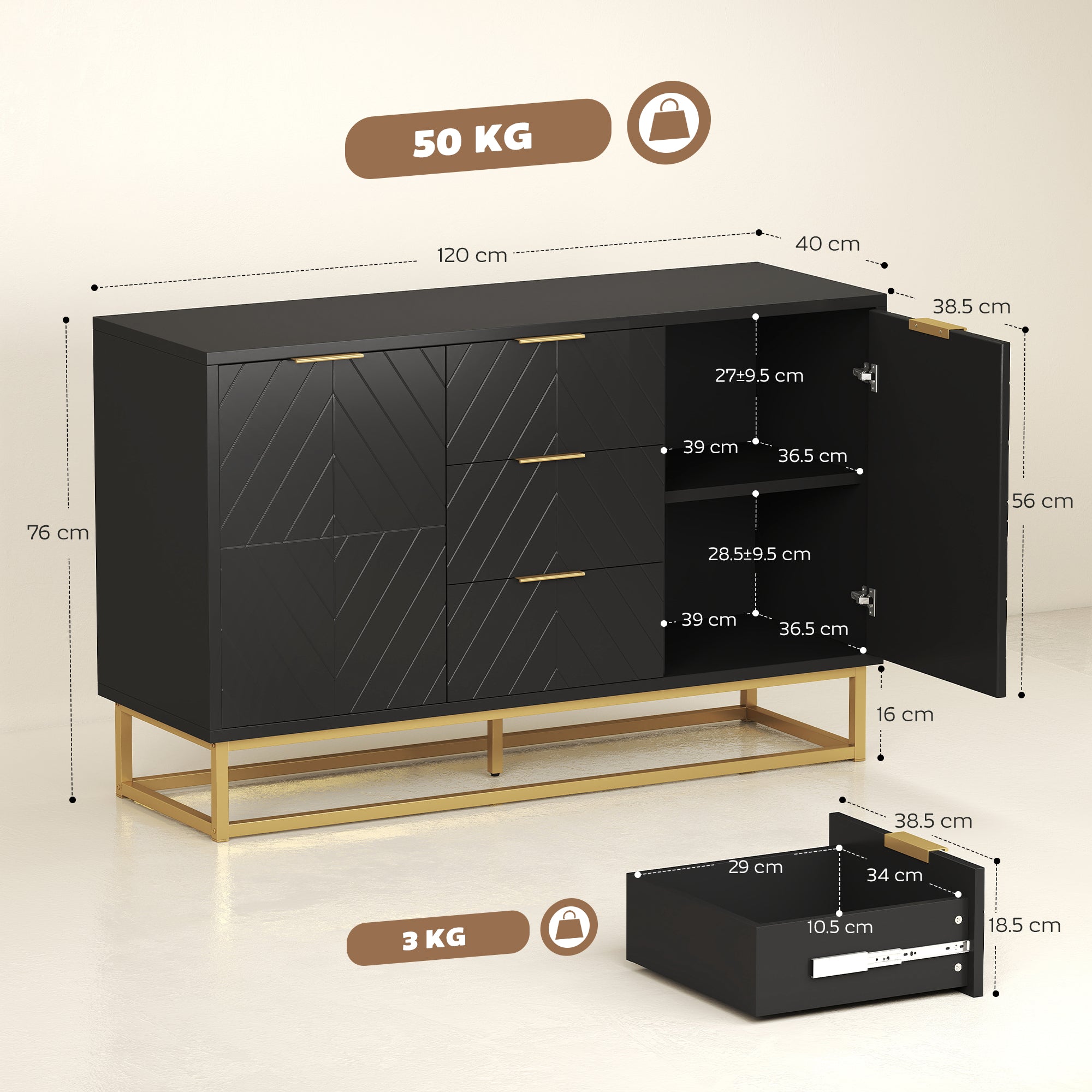 Sideboard with 3 Drawers and Adjustable Shelves for Living Room - Black