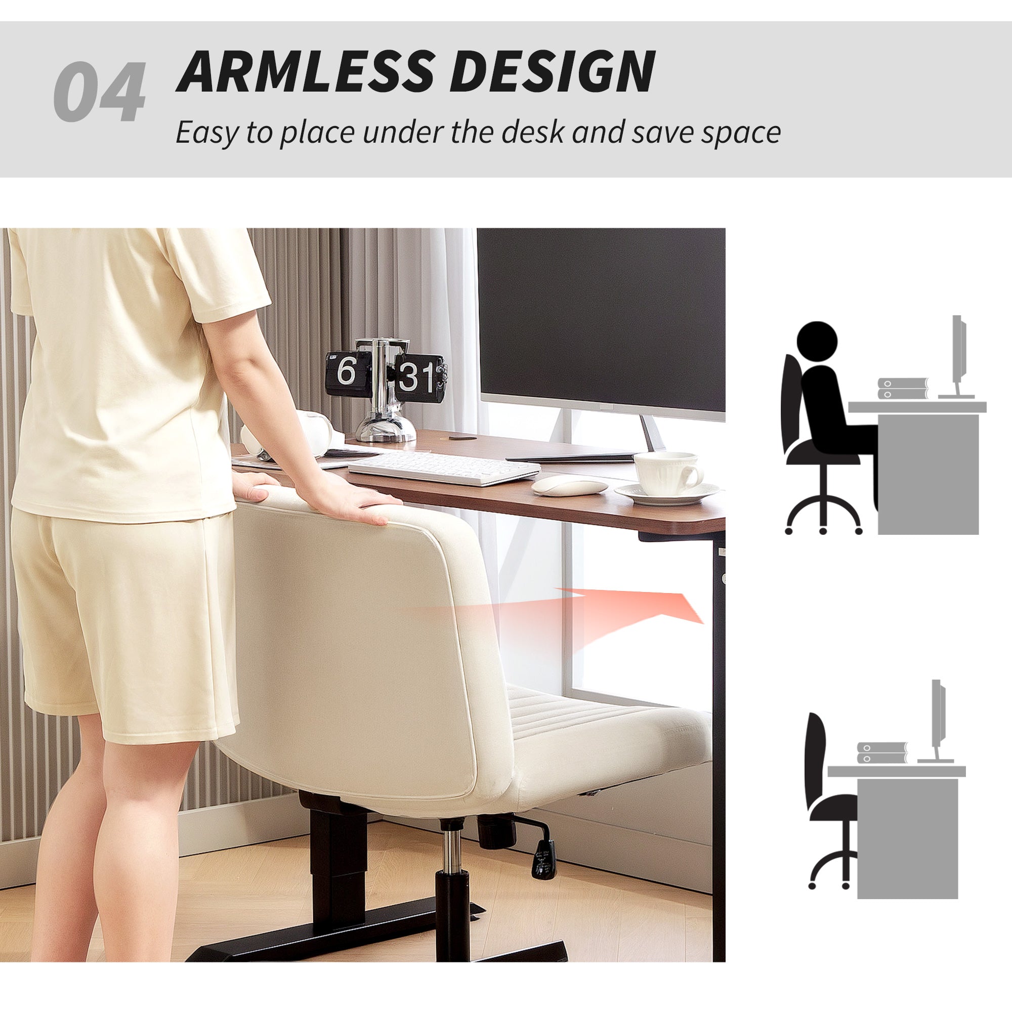 Armless Office Chair No Wheels, Linen Fabric Criss Cross Legged Desk Chair with Wide Seat, Thick Padding, Tilt Function, Height Adjustable Swivel Computer Seat for Home, Cream