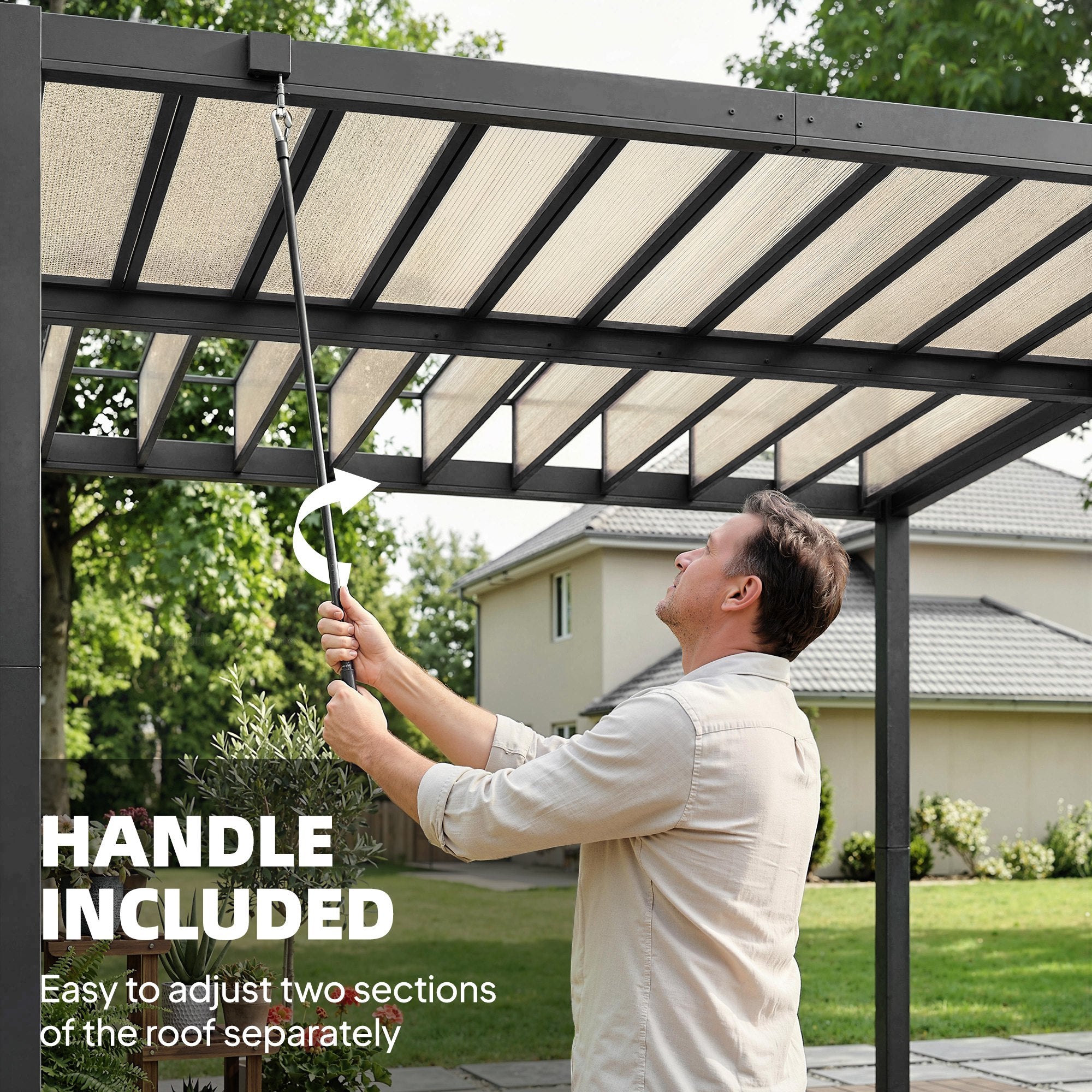 3 x 3 m Louvered Pergola with PC Roof, Aluminium Patio Gazebo Pergola Canopy with Drainage Gutters, Handle, Coffee