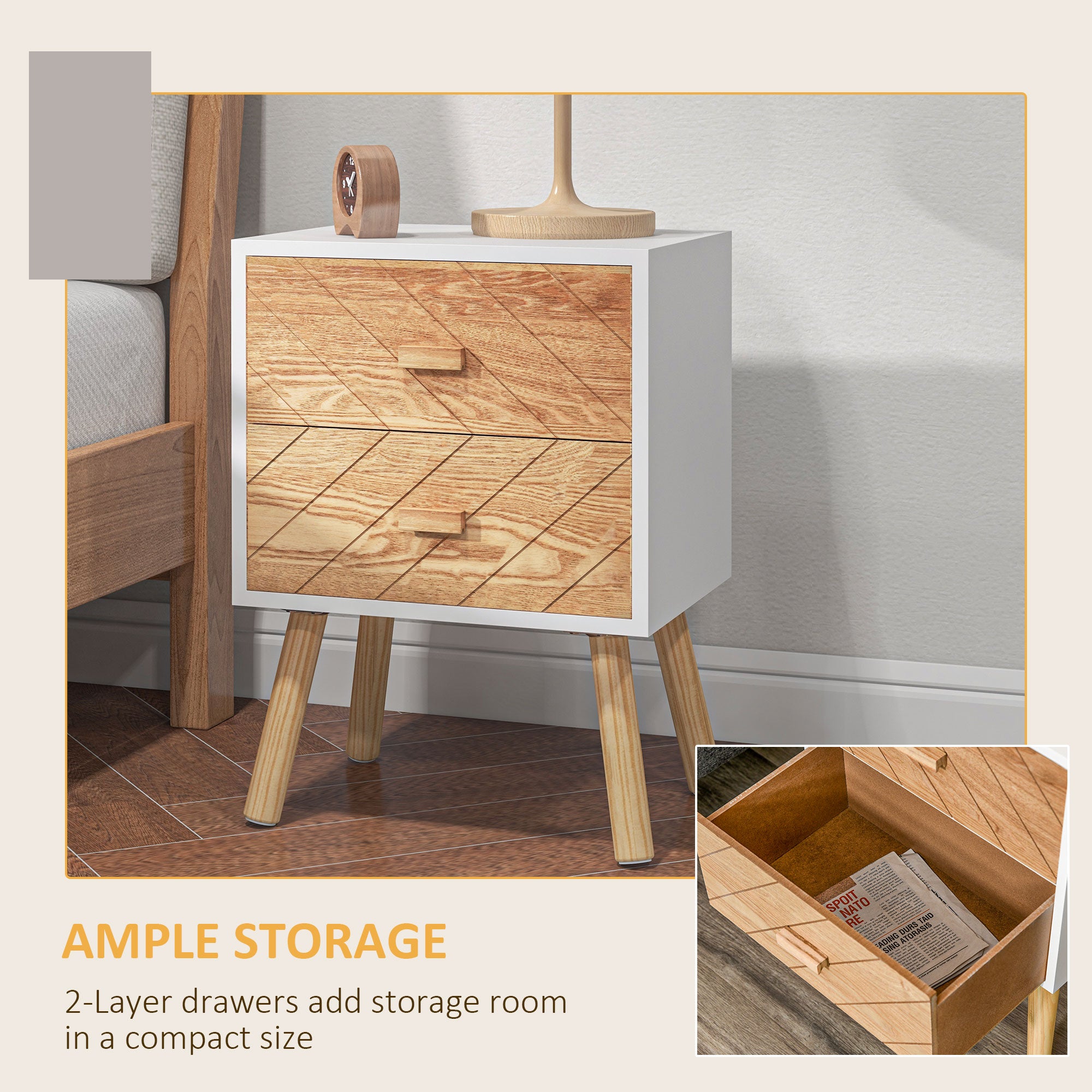 Bedside Table Set of 2, Modern Bedside Cabinets with Drawer and Pine Wood Legs, Nightstand for Bedroom, White and Natural