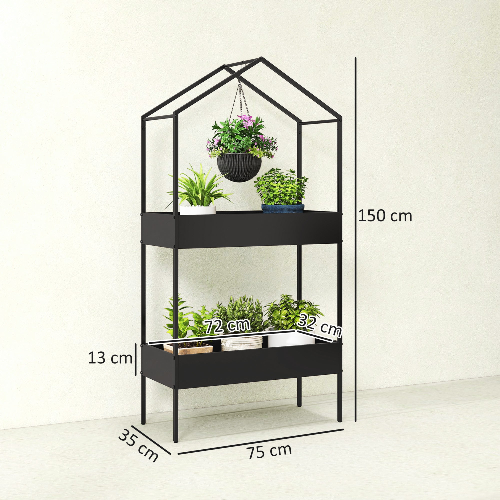 2 Tier Plant Stand, Outdoor Indoor Metal Plant Stand with Hook, House-Shaped Pots Holder Display Rack, Black