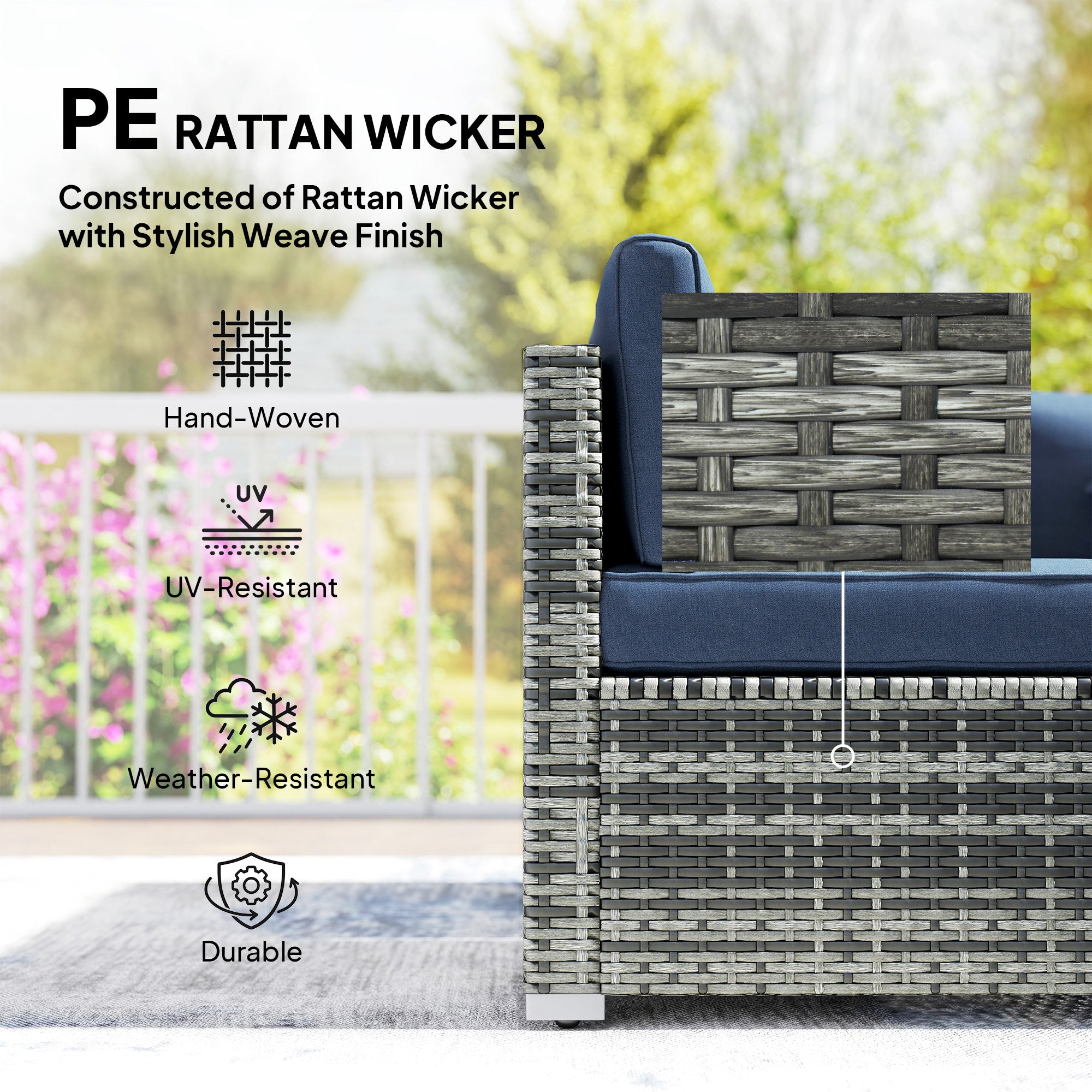 8 Pieces PE Rattan Corner Sofa Set, Outdoor Garden Furniture Set, Patio Wicker Sofa Seater w/ Cushion, Dark Blue