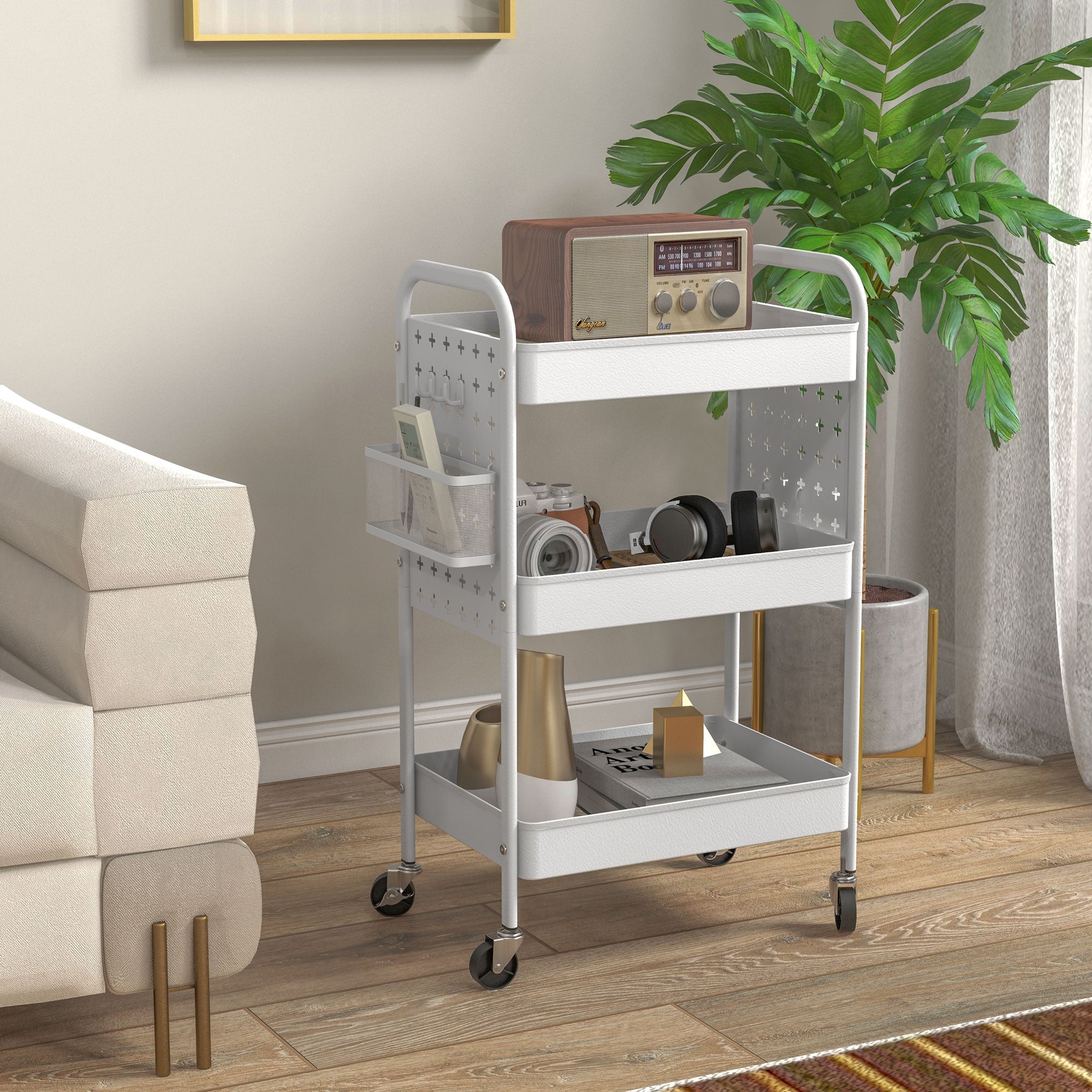 3-tier Storage Trolley on Wheels, Rolling Utility Serving Cart with 3 Mesh Baskets, 2 Hanging Boxes and 6 Hooks for Living Room, Kitchen, White