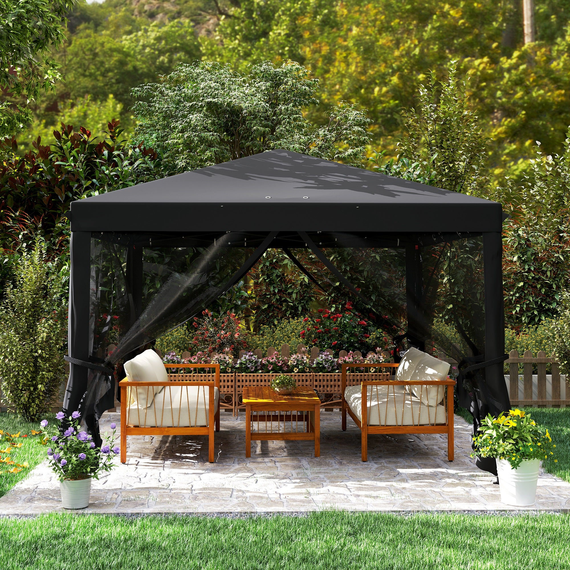 3 x 3 m Pop Up Gazebo with Removable Mesh Sidewalls and Carry Bag - Black