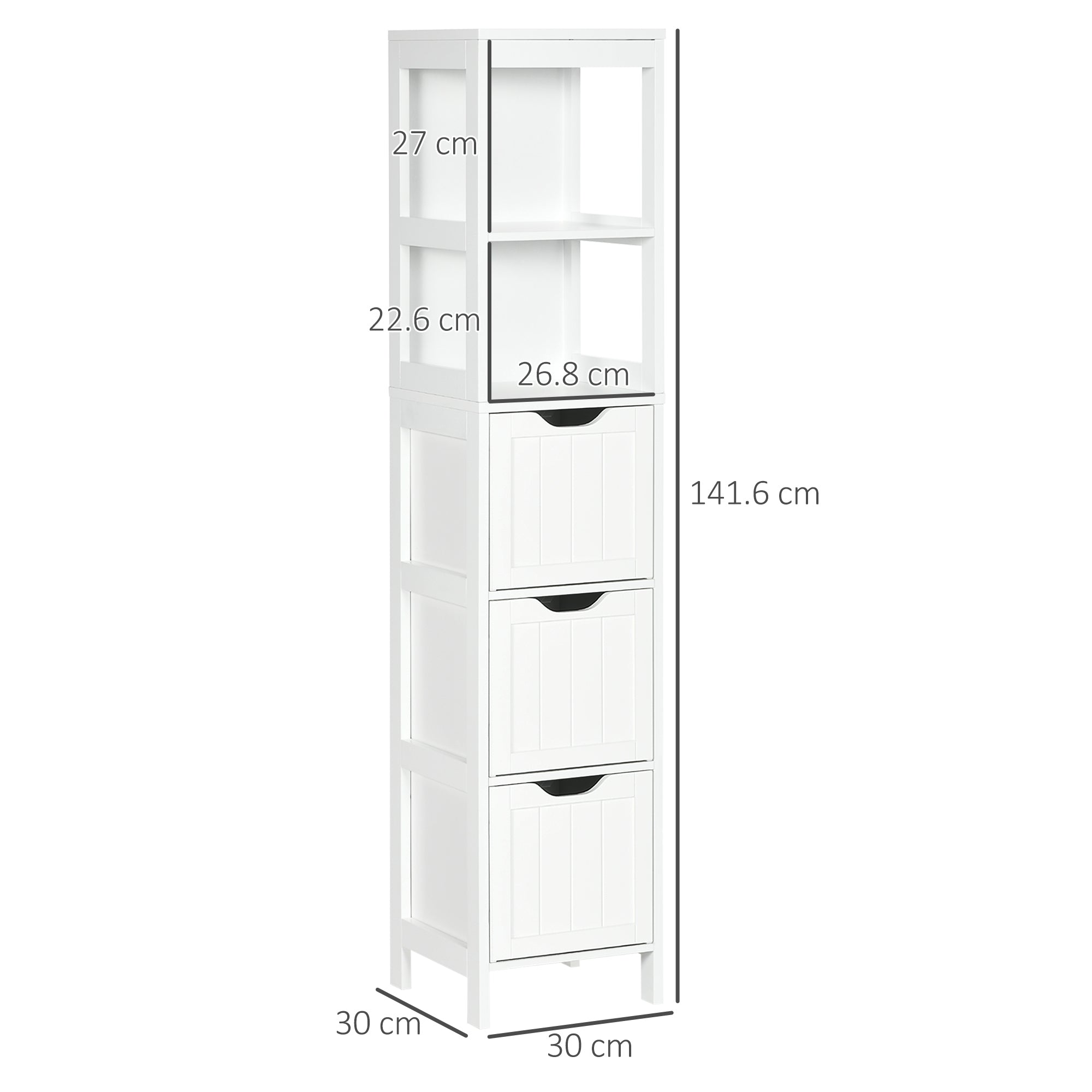Narrow Floor Cabinet, Bathroom Cabinet with 3 Drawers and 2 Open Shelves, 30W x 30D x 141.6Hcm, White