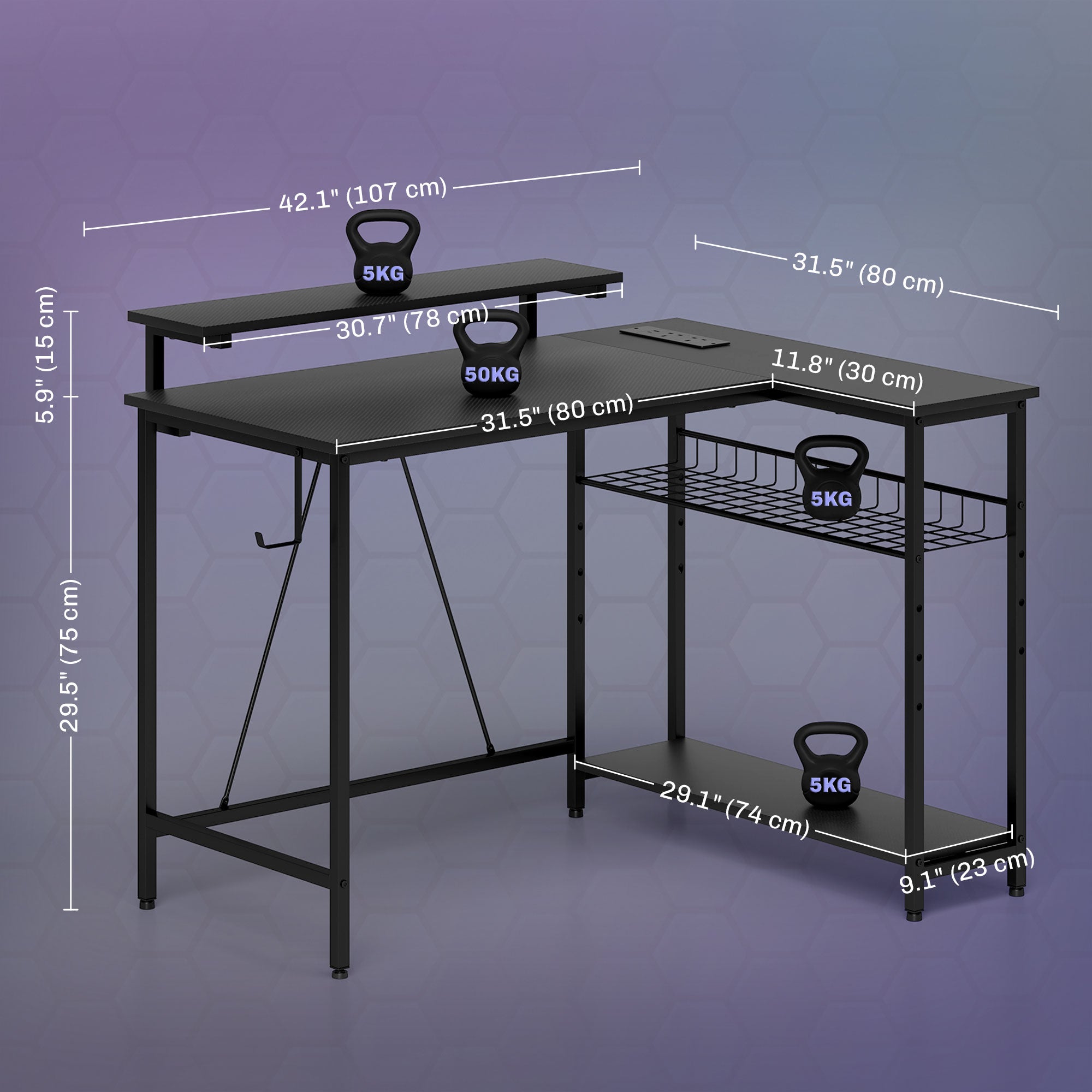 Reversible 'L' LED Light Gaming/Work Desk - Black