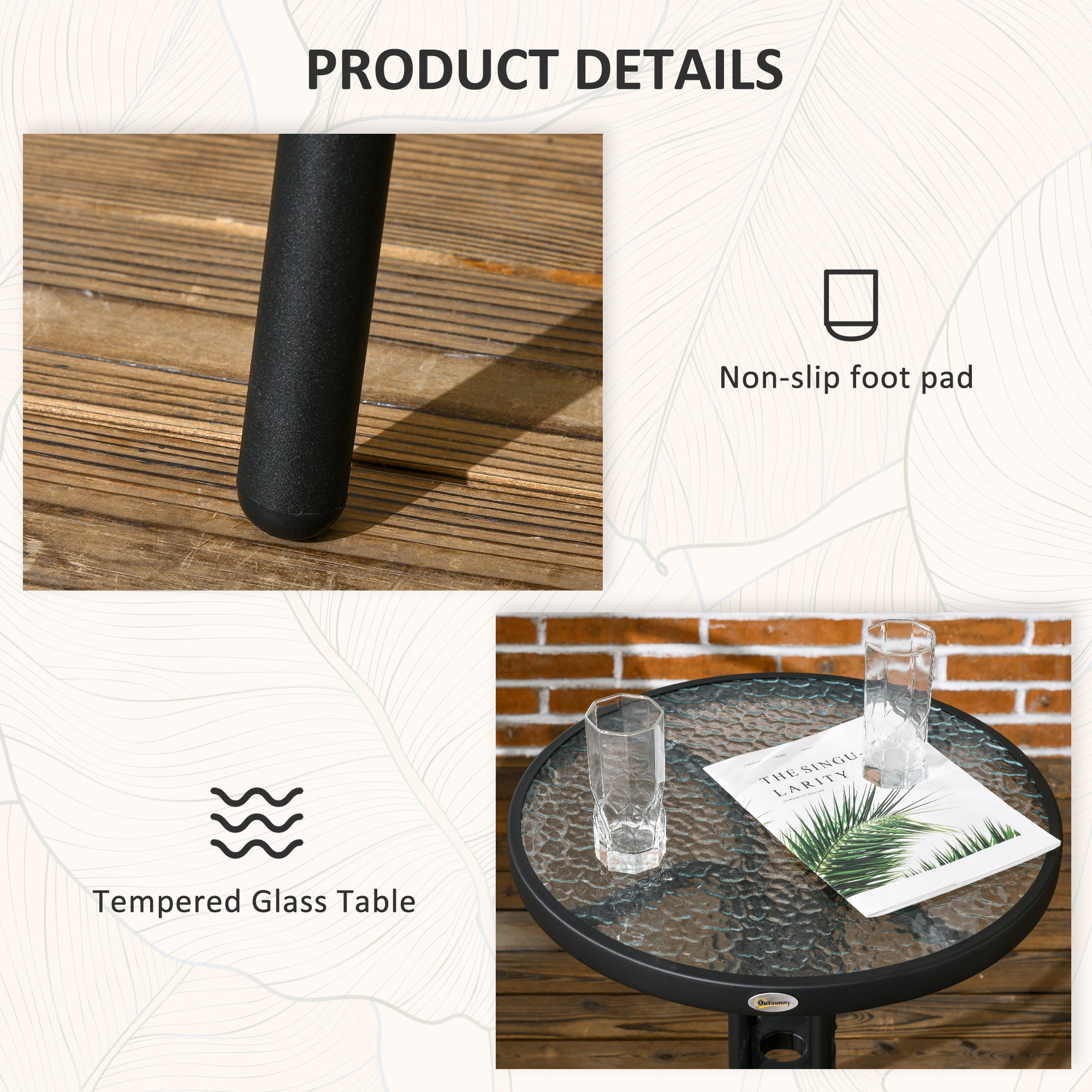 3 Piece Rattan Bistro Set with Tempered Glass Table - Black