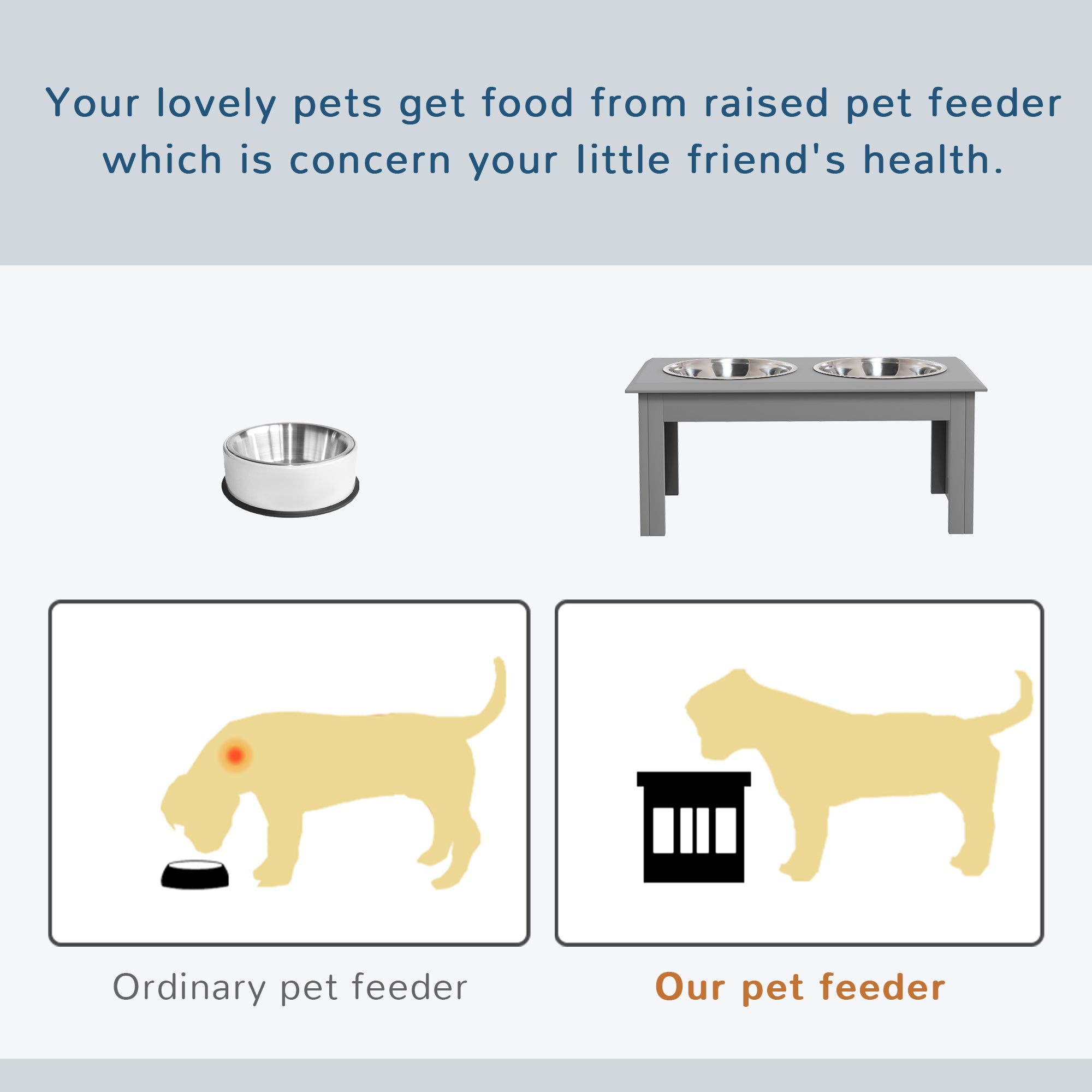 Raised Dog Feeding Bowls with Stand, Stainless Steel for Small and Medium Dog, 58L x 31W x 25H cm - Grey