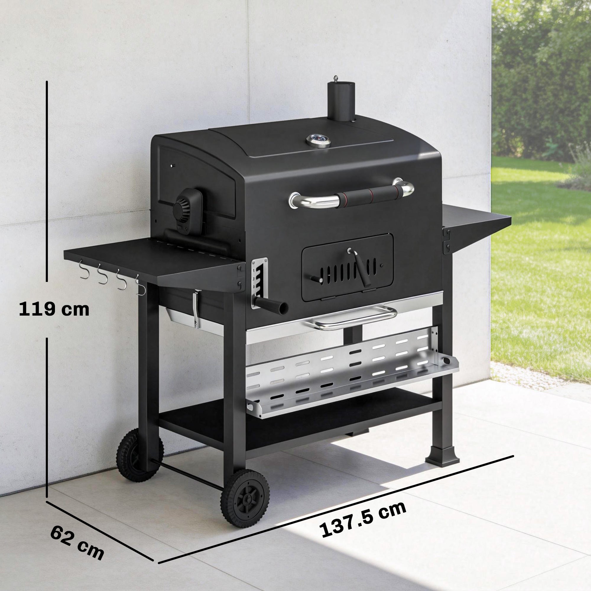 Charcoal BBQ Grill Smoker with Electric Rotisserie Kit, Portable Barbecue Grill with Warming Rack, Black