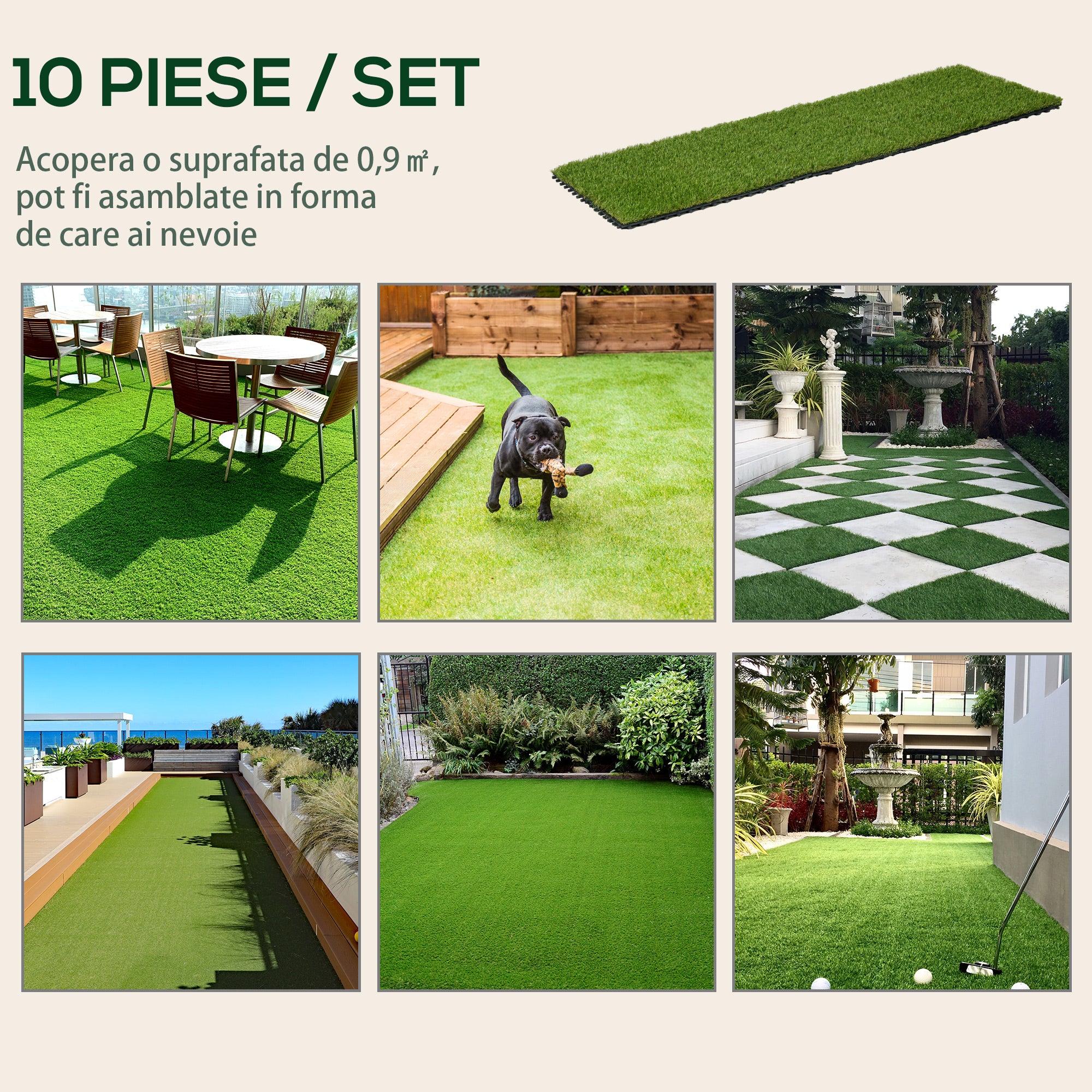 10-Piece Artificial Grass Set, Weatherproof Turf Tiles, 25mm Pile Height, Outdoor Carpet for Garden, Balcony & Patio, 30 x 30cm, Dark Green