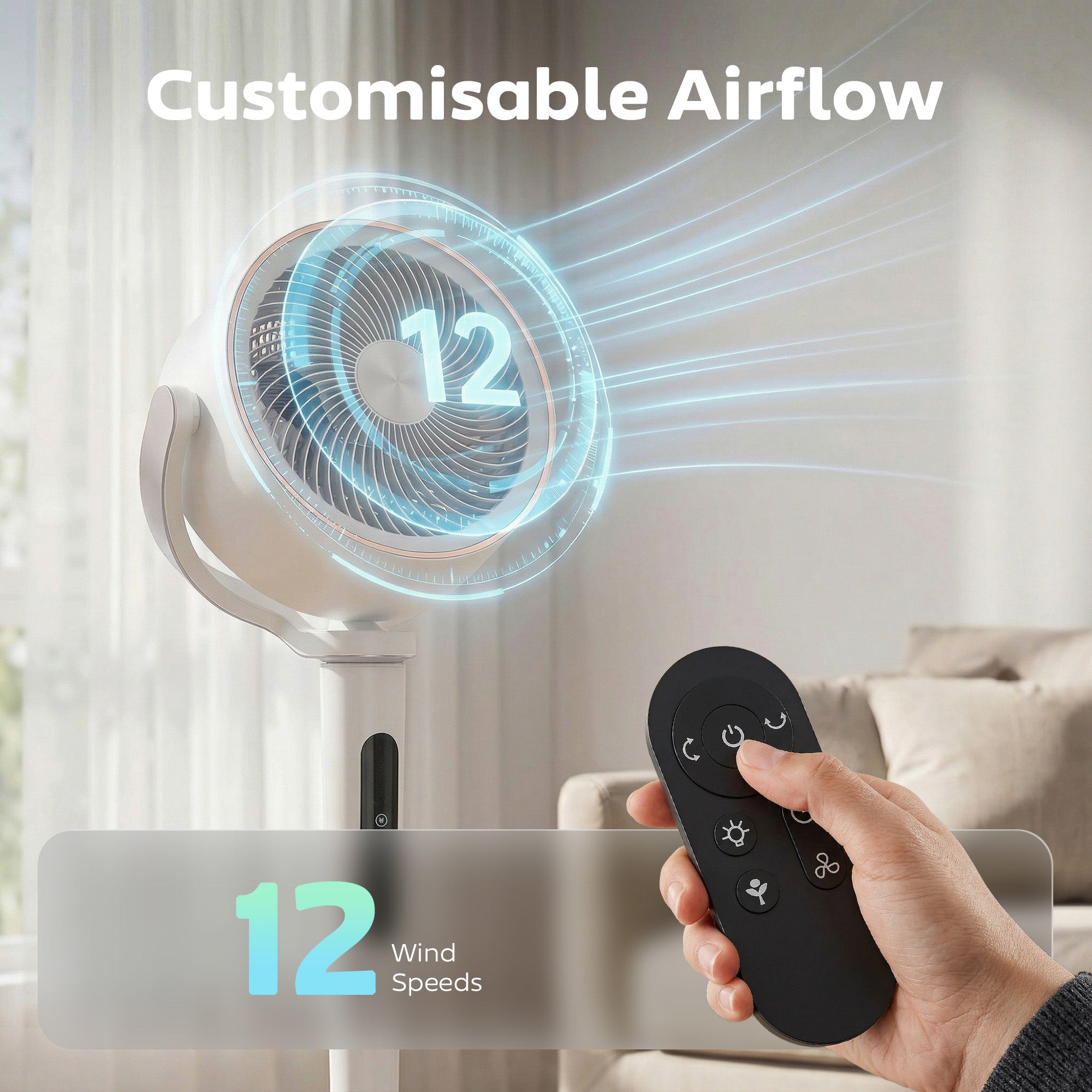 20dB Silent Standing Fan, 70°+90° Auto Oscillating Fan with 12 Speeds, LED Light, Air Circulator, Remote Control, 12H Timer, for Bedroom, 46 Inch, White